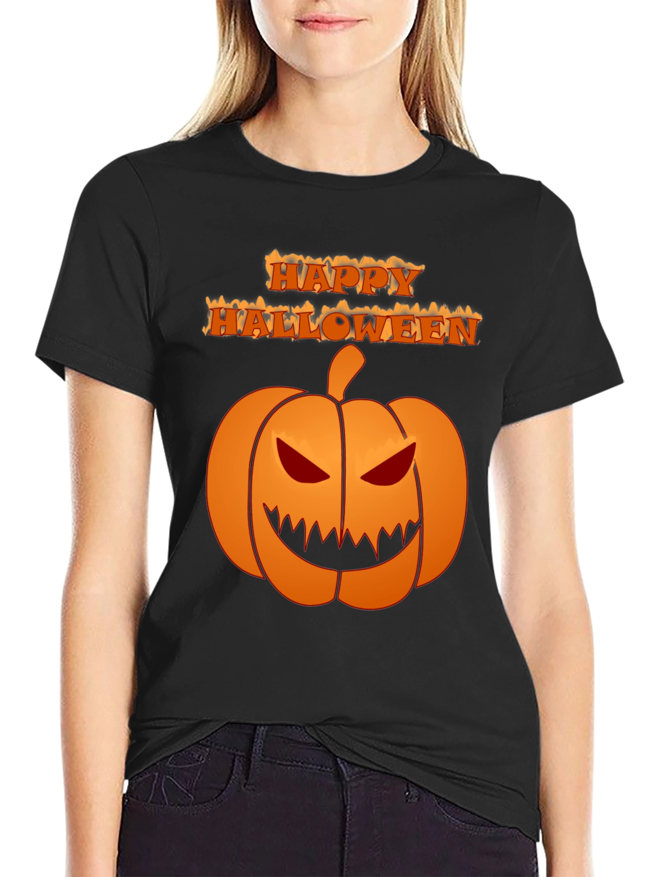 Happy Halloween Pumpkin Graphic Tee - Black Cotton Shirt