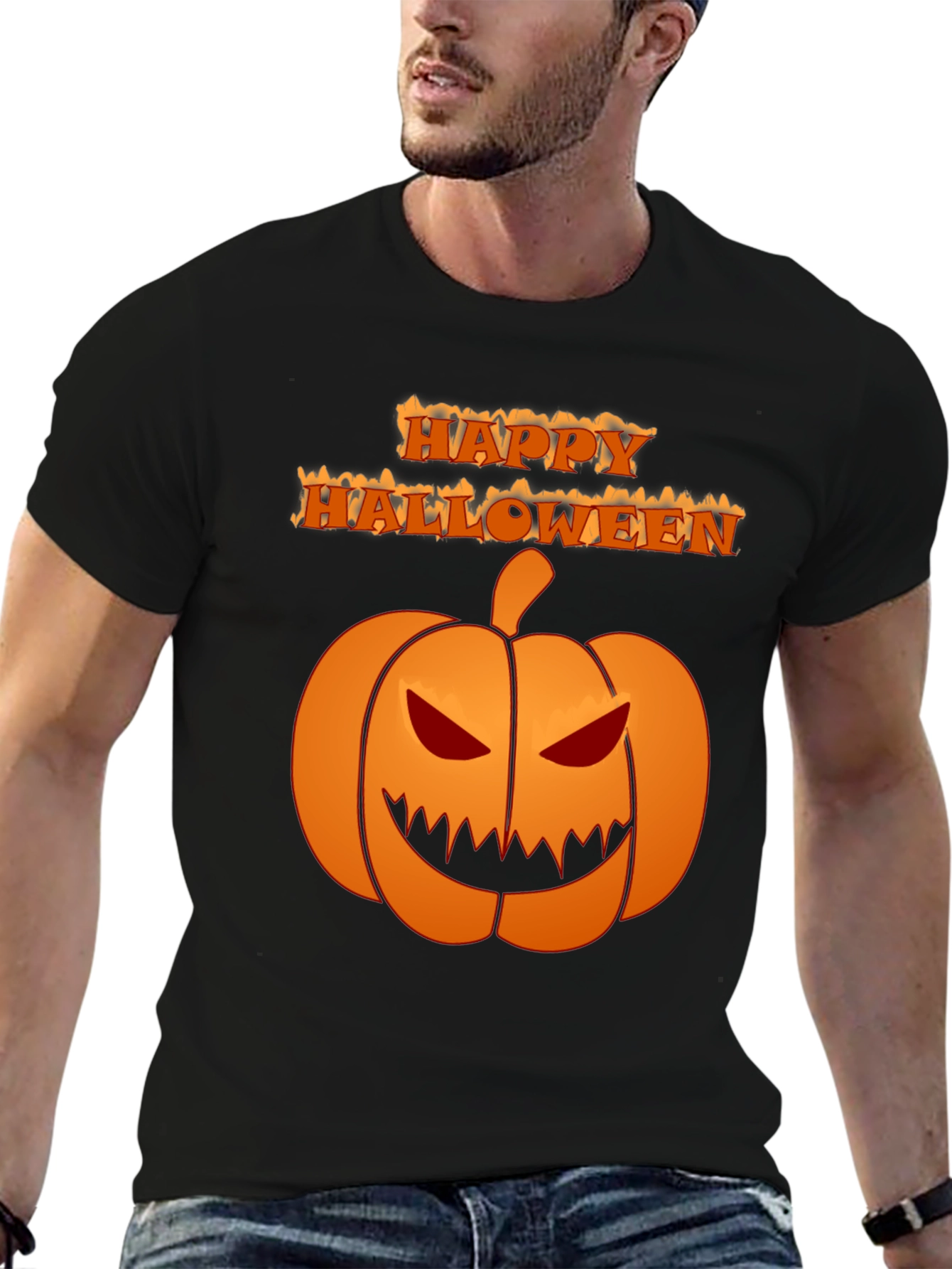 Happy Halloween Pumpkin Graphic Tee - Black Cotton Shirt