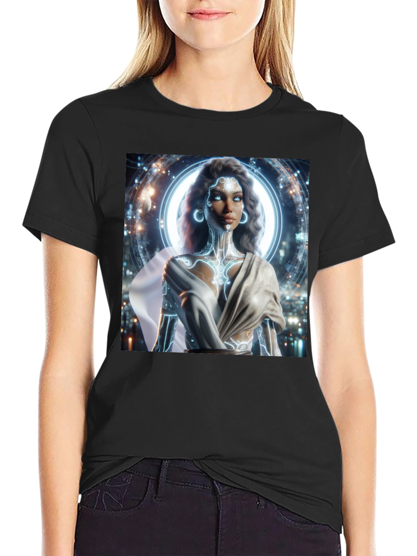 Futuristic Goddess Graphic Tee - Black