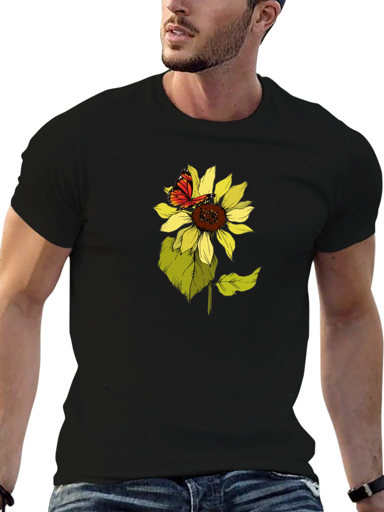 Sunflower & Butterfly Graphic Tee - Black