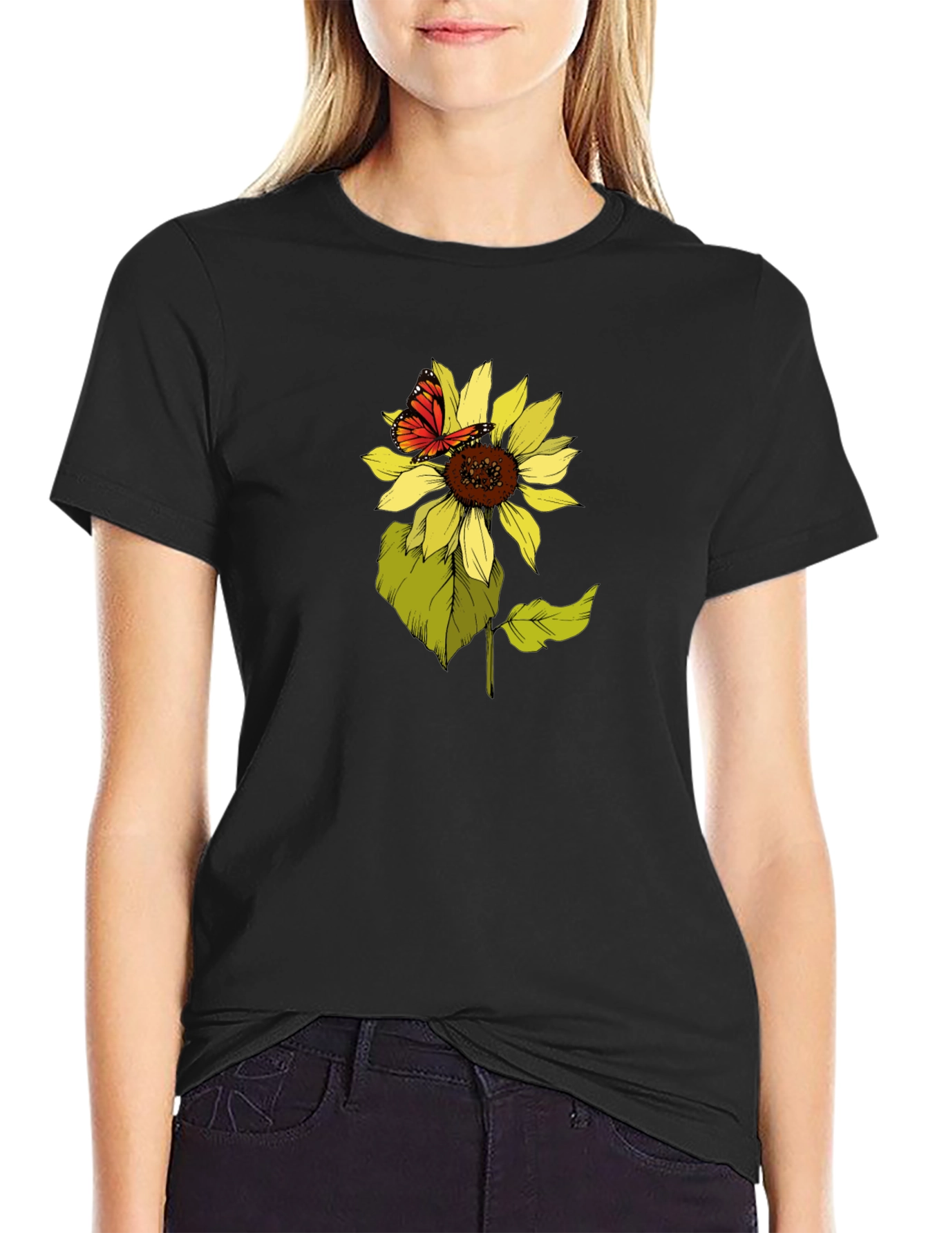 Sunflower & Butterfly Graphic Tee - Black