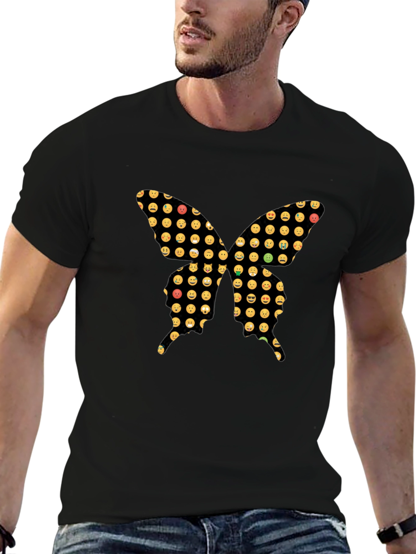 Emoji Butterfly Graphic Black T-Shirt