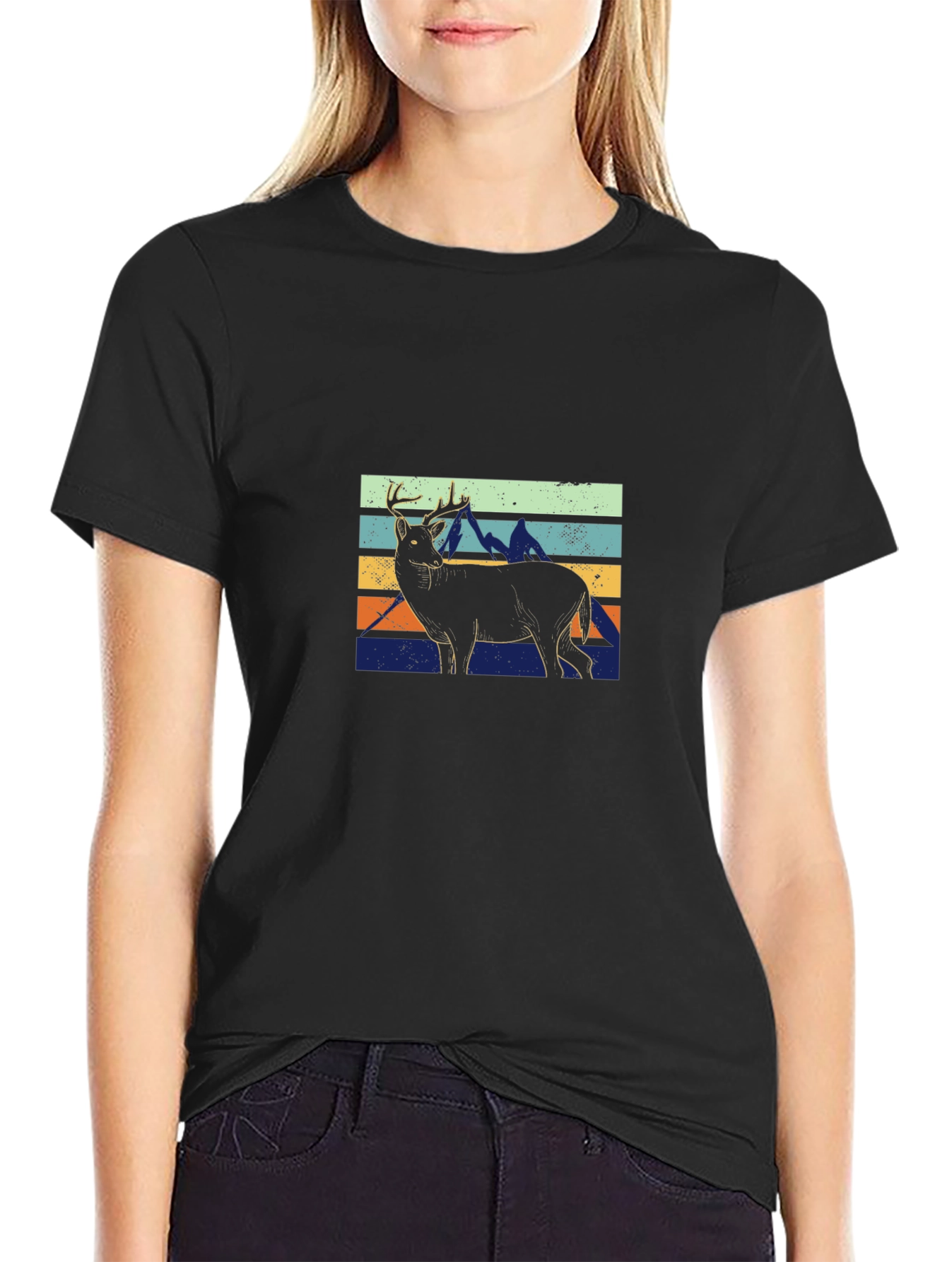Retro Deer & Mountains Graphic T-Shirt - Black