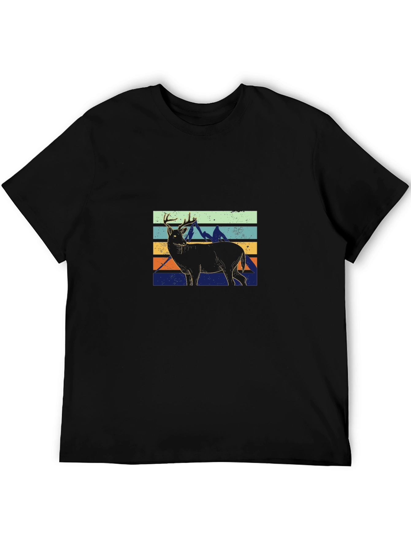 Retro Deer & Mountains Graphic T-Shirt - Black