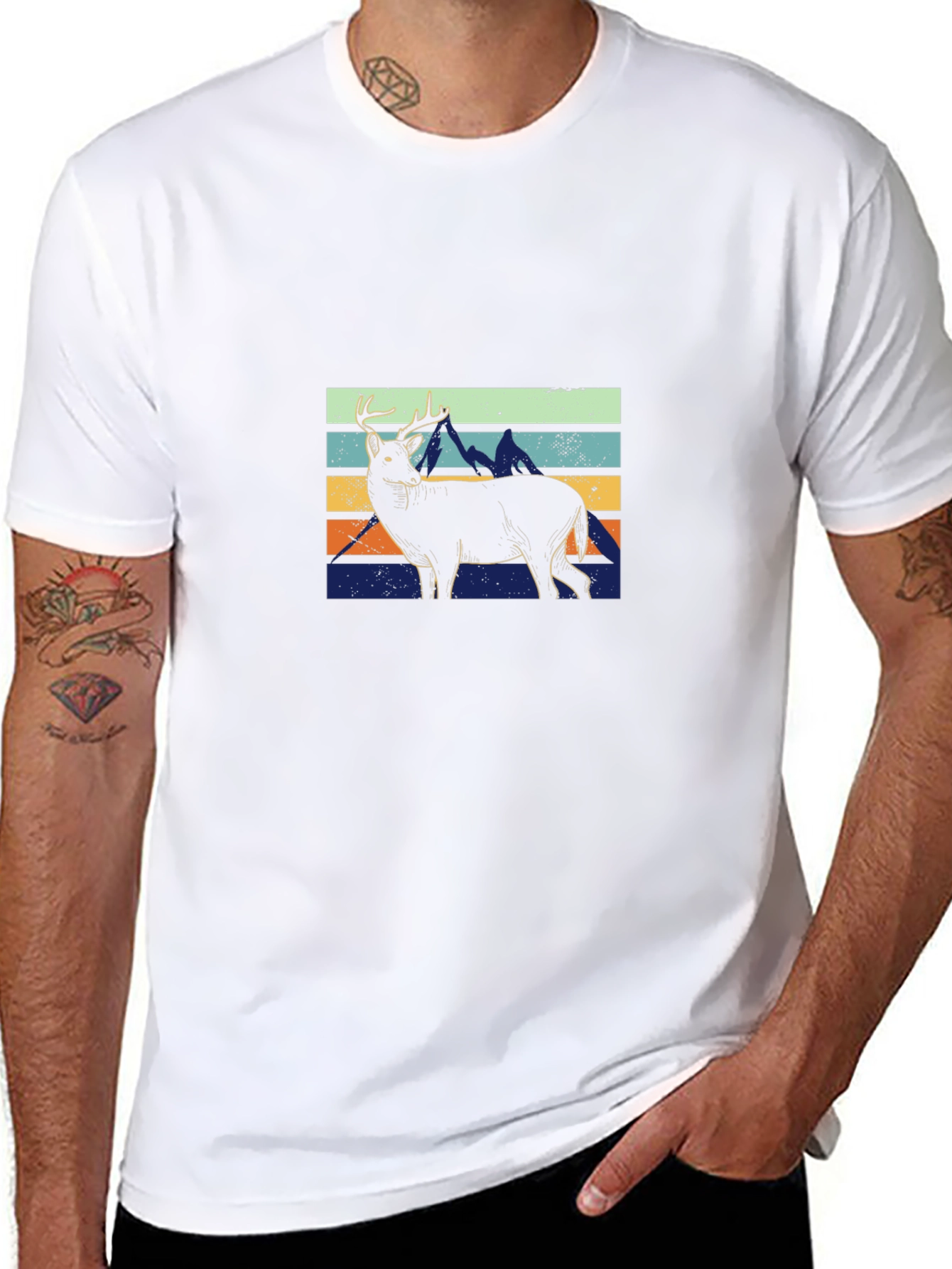 Retro Deer & Mountains Graphic T-Shirt - Black