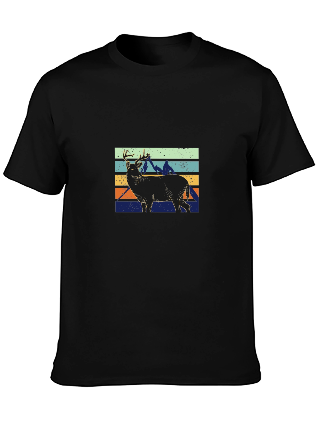 Retro Deer & Mountains Graphic T-Shirt - Black