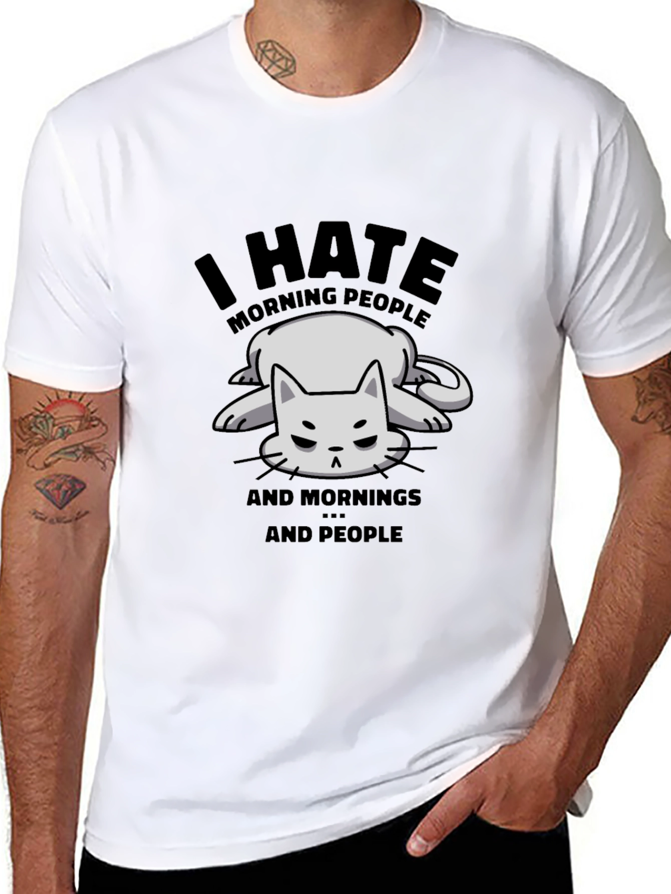 Funny I Hate Morning People Cat Graphic T-Shirt