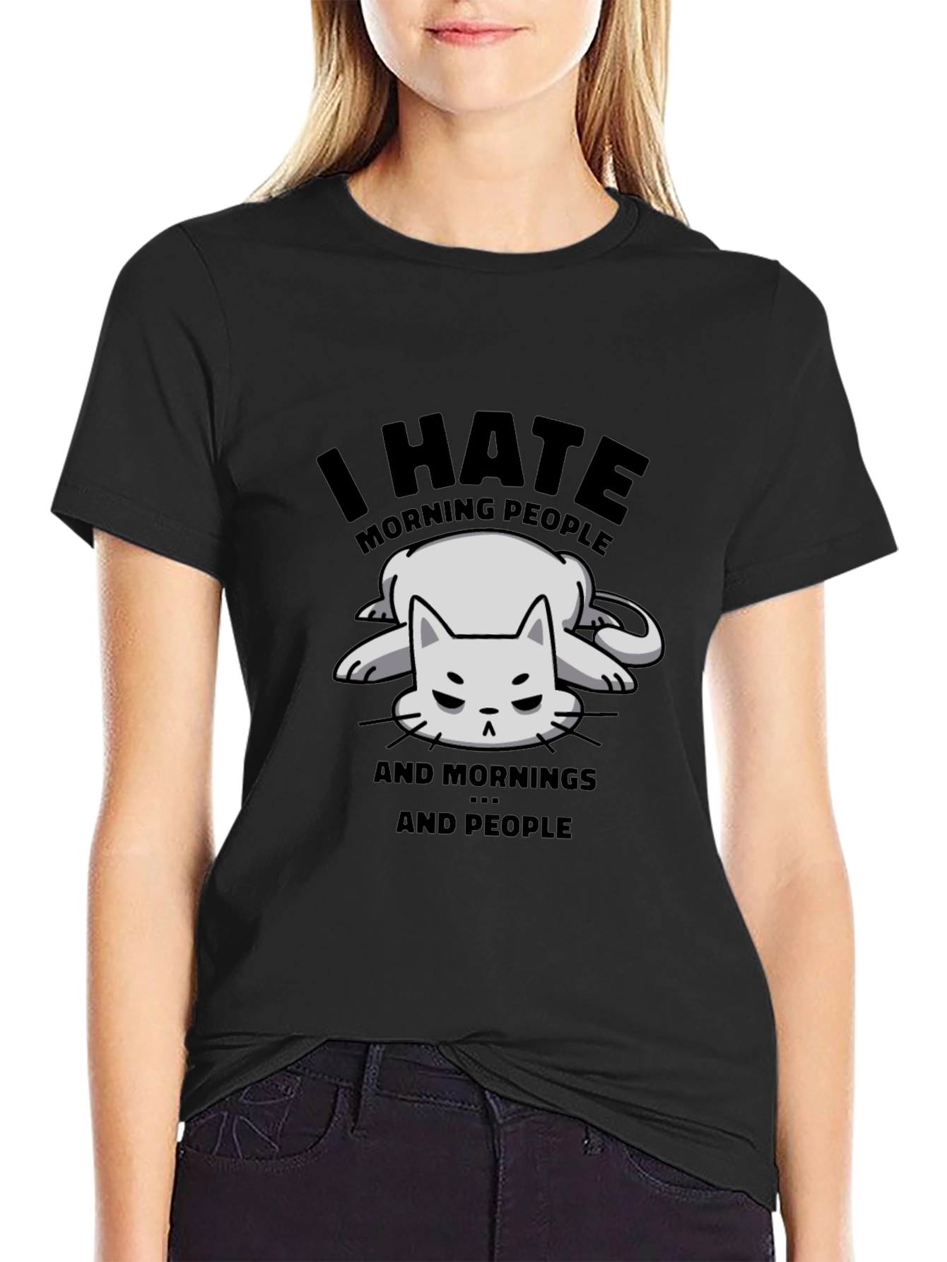 Funny I Hate Morning People Cat Graphic T-Shirt