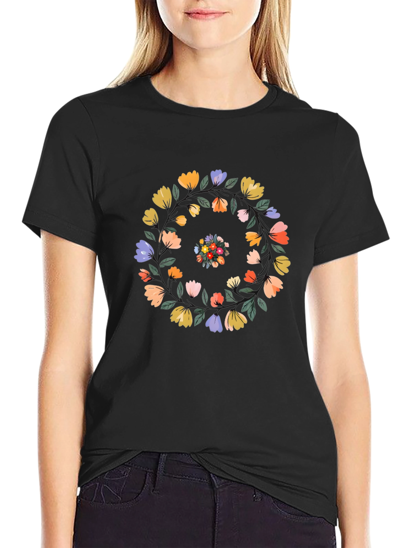 Floral Swirl Black T-Shirt - Casual Style