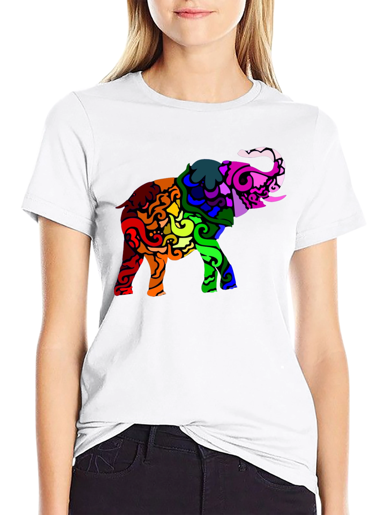 Rainbow Elephant Graphic Black T-Shirt