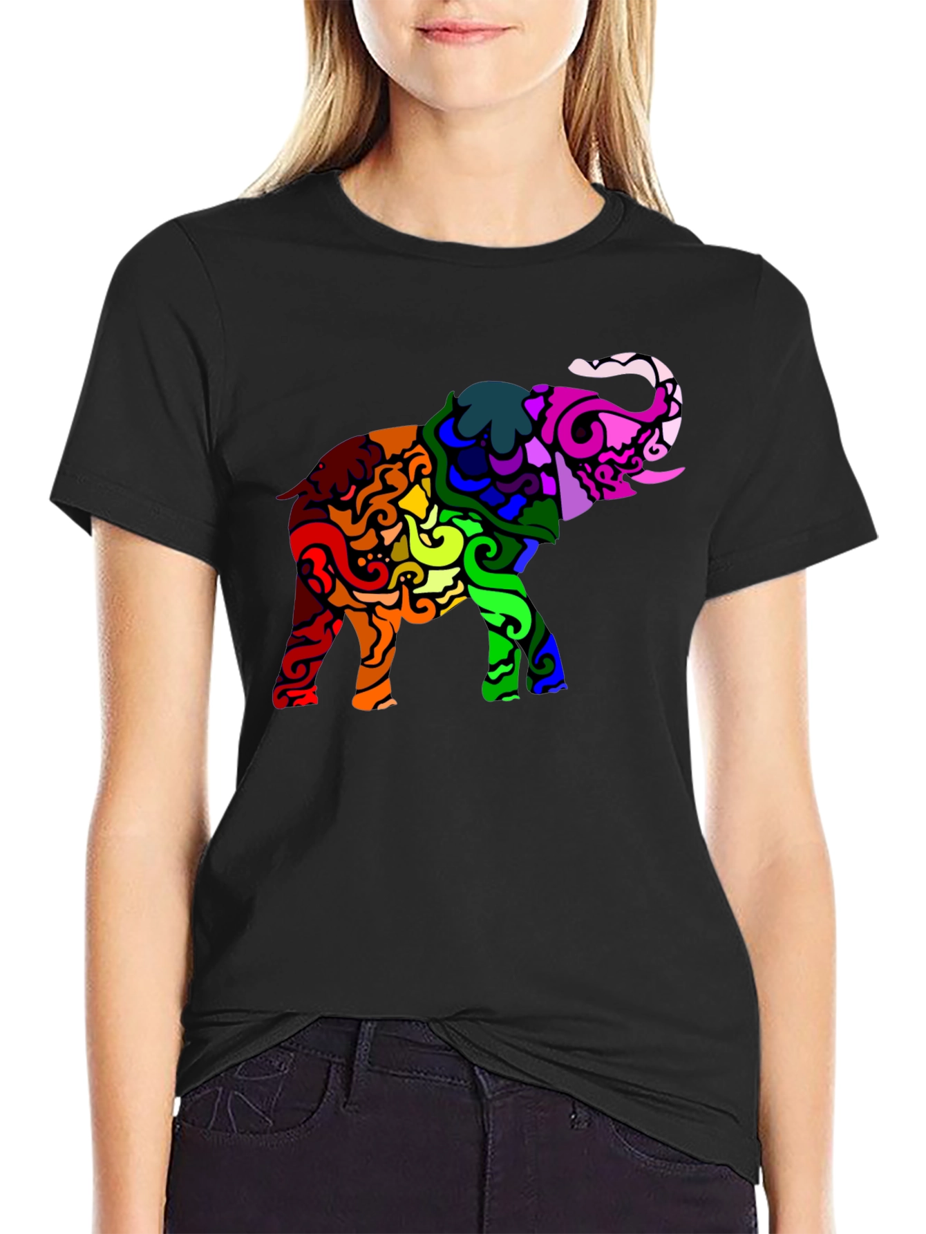 Rainbow Elephant Graphic Black T-Shirt