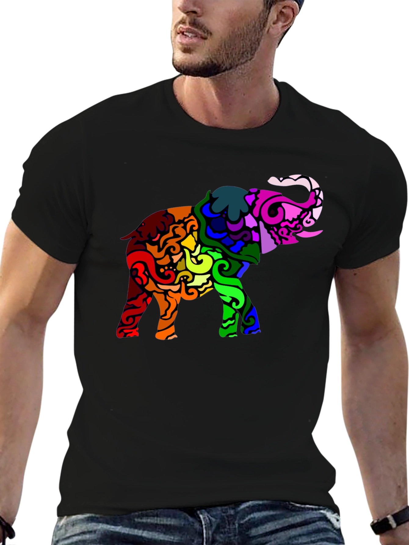 Rainbow Elephant Graphic Black T-Shirt