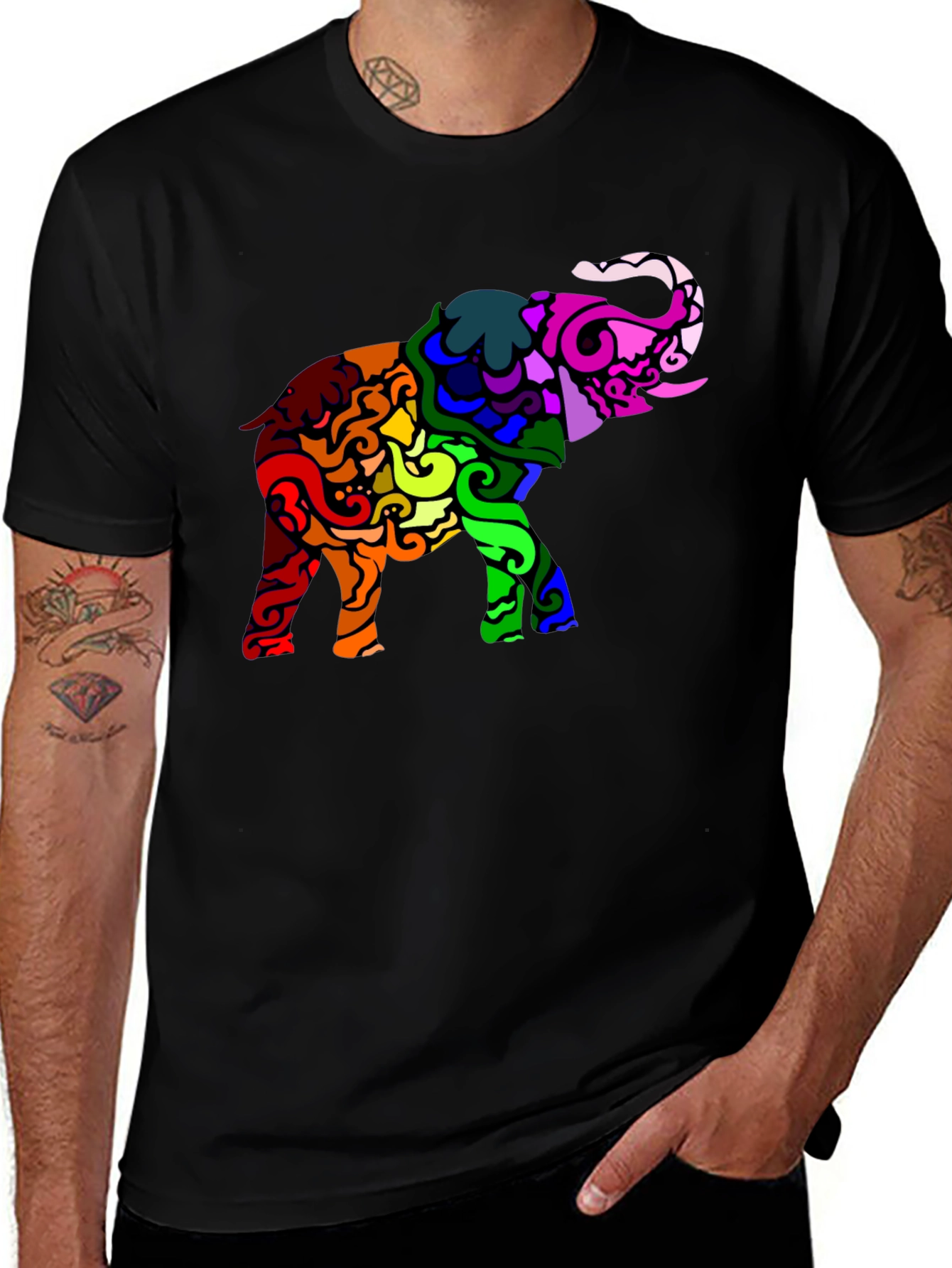 Rainbow Elephant Graphic Black T-Shirt