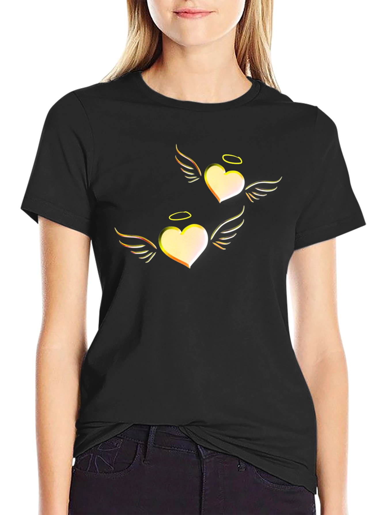 Heart Angel Graphic Tee - Black Cotton T-Shirt