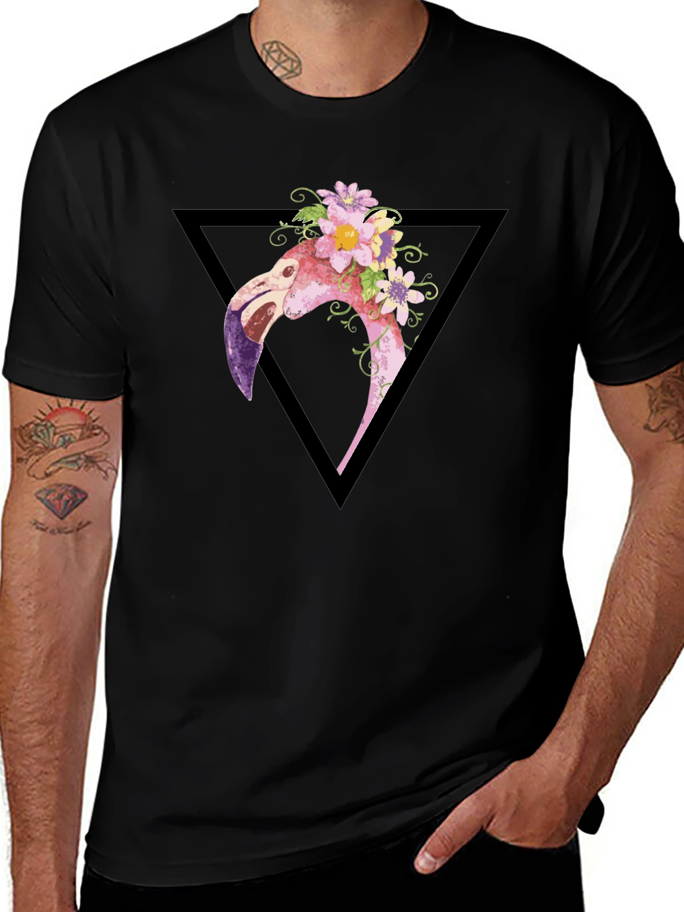 Floral Flamingo Graphic Tee - Black T-Shirt