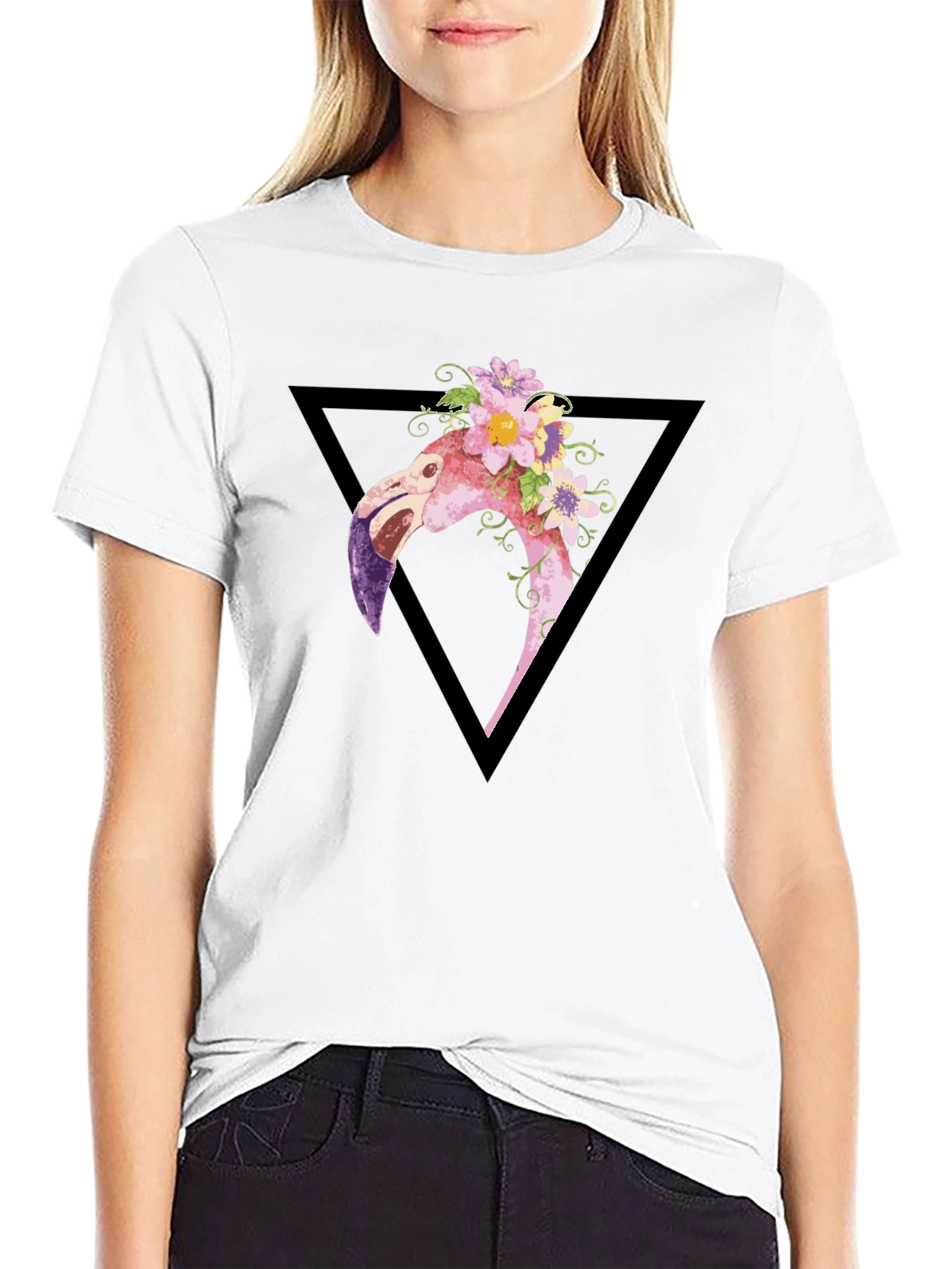 Floral Flamingo Graphic Tee - Black T-Shirt