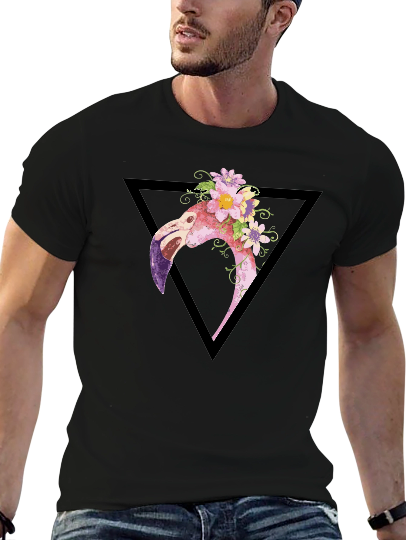 Floral Flamingo Graphic Tee - Black T-Shirt
