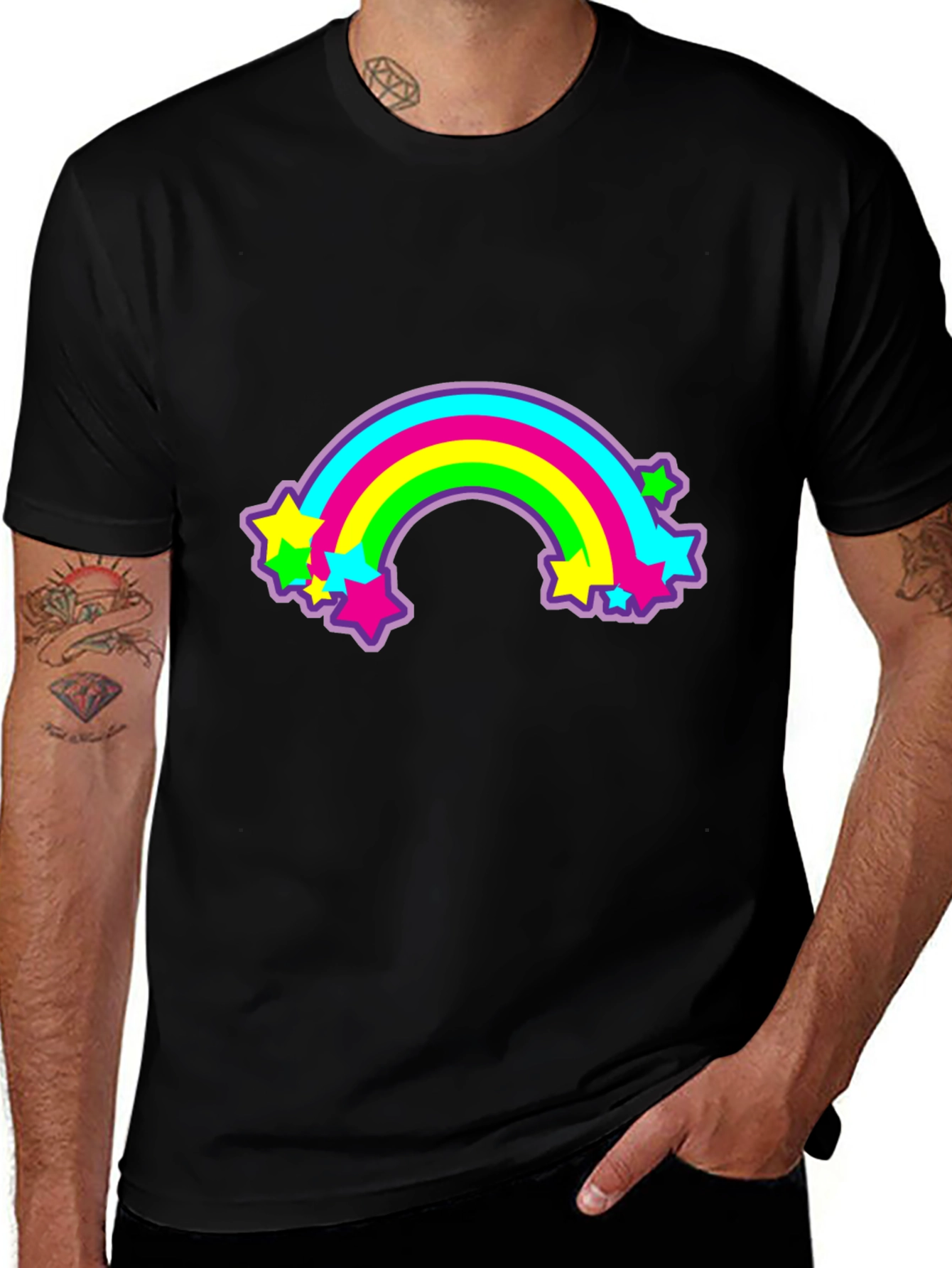 Retro Rainbow Stars Graphic Tee - Black