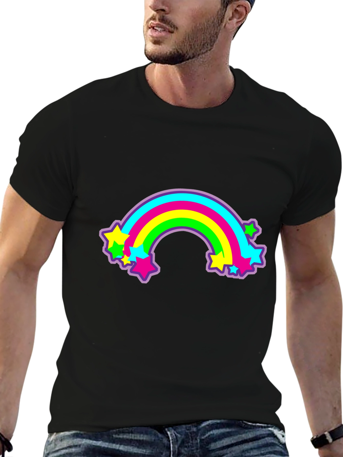 Retro Rainbow Stars Graphic Tee - Black