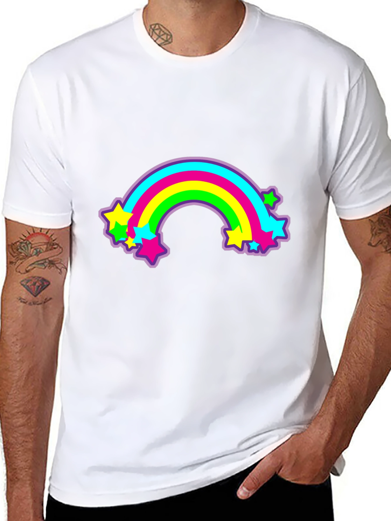 Retro Rainbow Stars Graphic Tee - Black