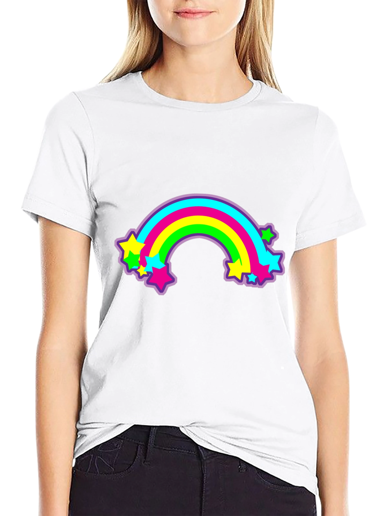 Retro Rainbow Stars Graphic Tee - Black