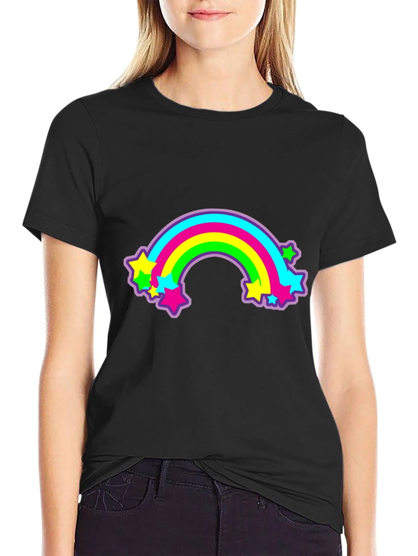 Retro Rainbow Stars Graphic Tee - Black
