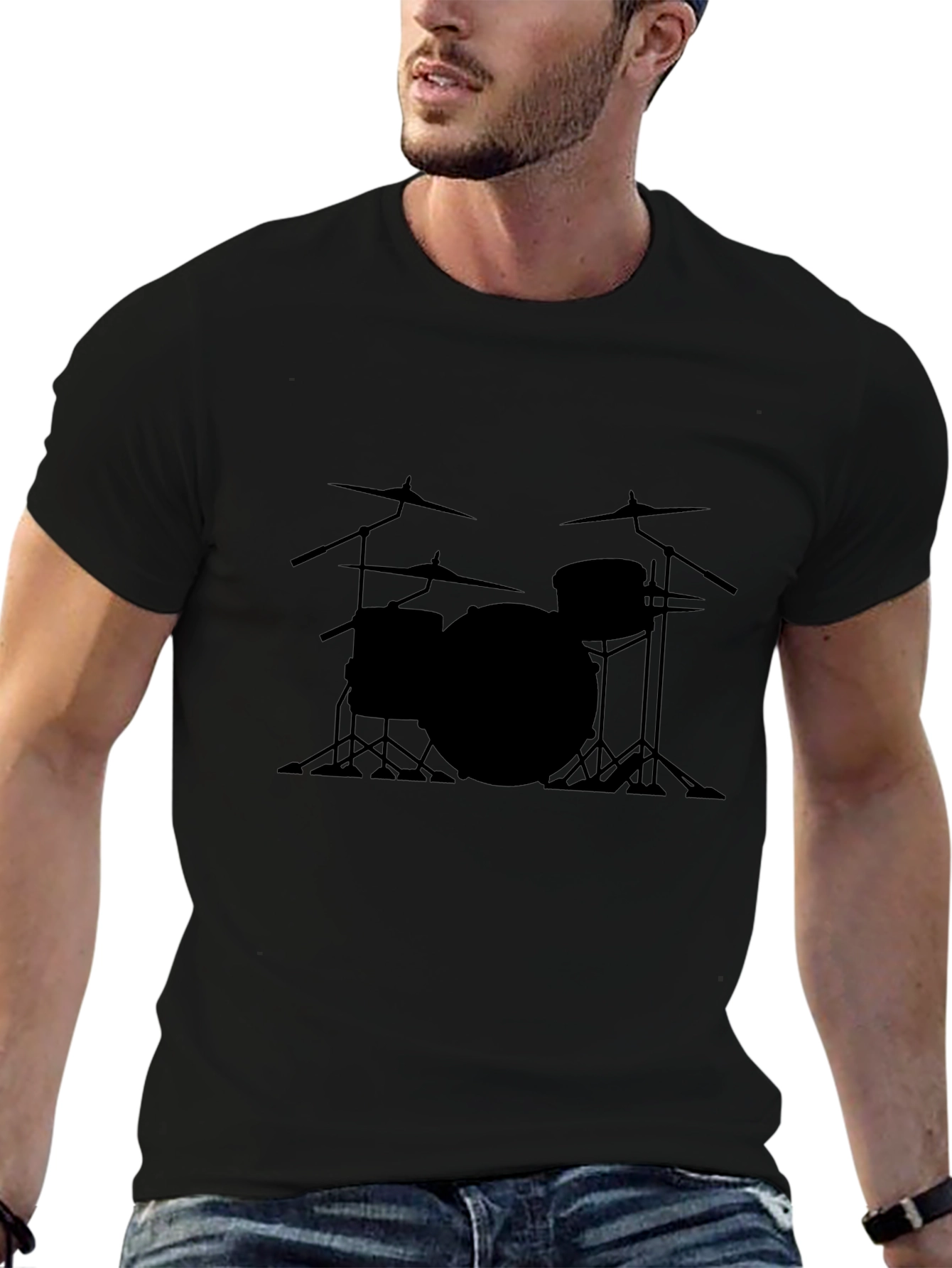 Drum Set Graphic Tee - Black Crew Neck T-Shirt