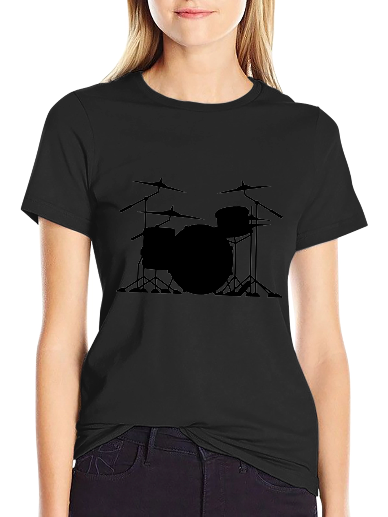 Drum Set Graphic Tee - Black Crew Neck T-Shirt
