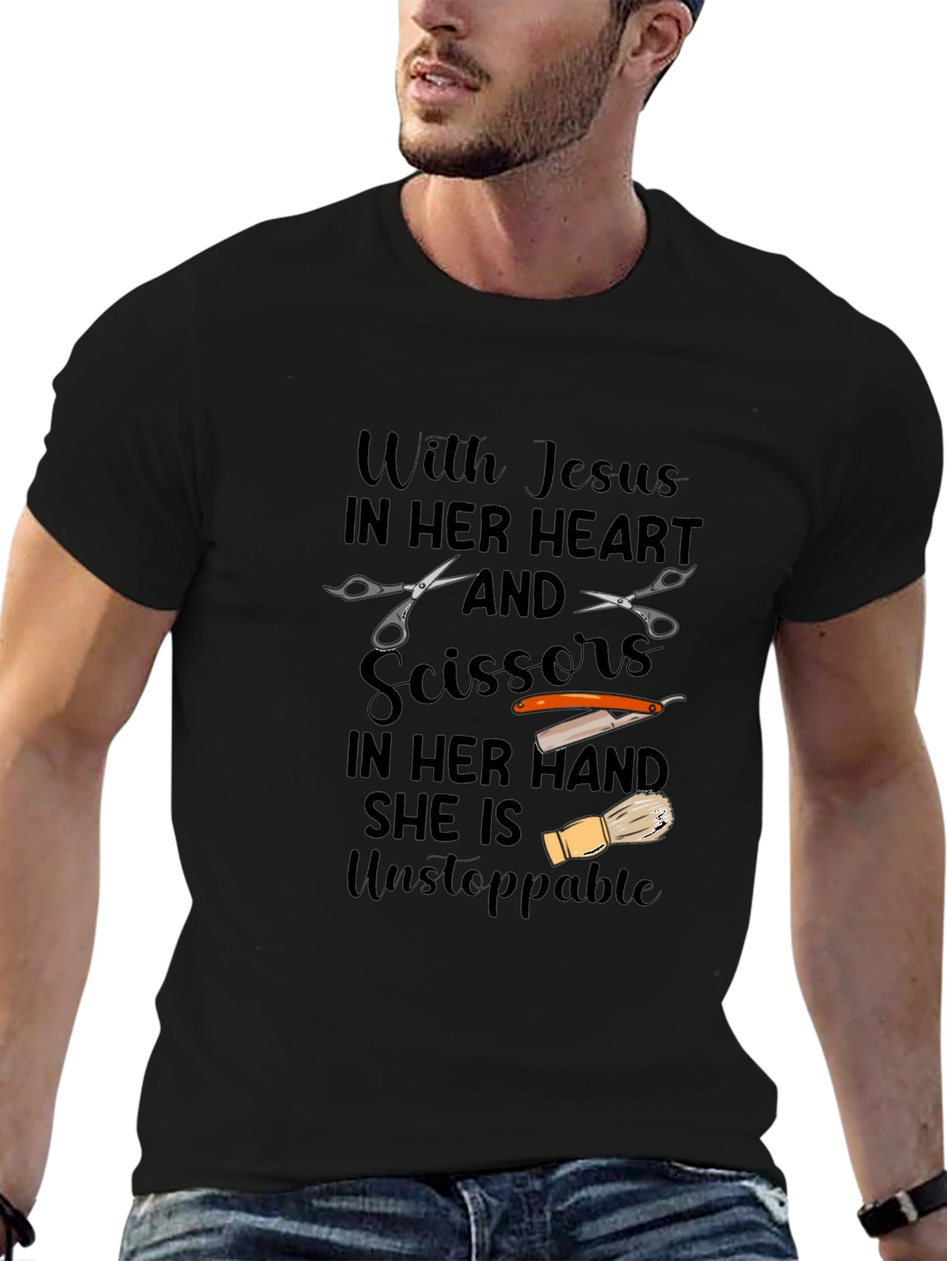 Jesus & Scissors Barber Graphic T-Shirt