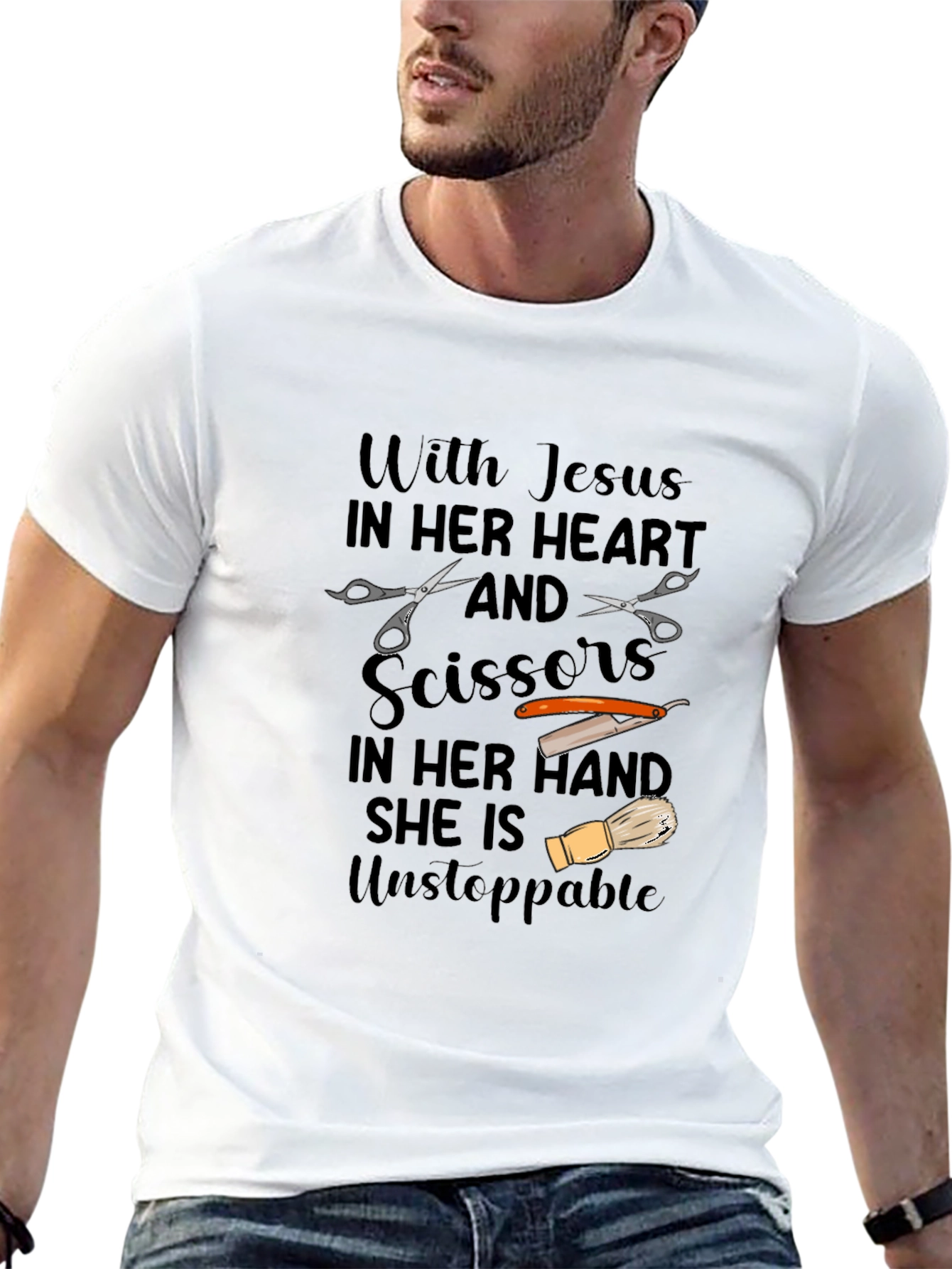 Jesus & Scissors Barber Graphic T-Shirt