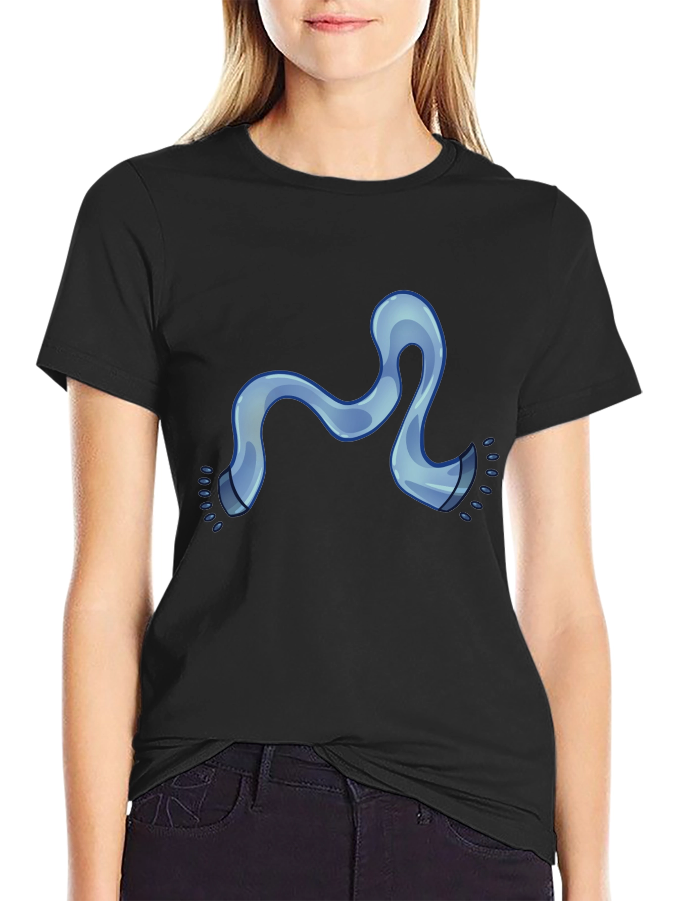 Modern Black Tee with Cartoon Blue Scarf Graphic