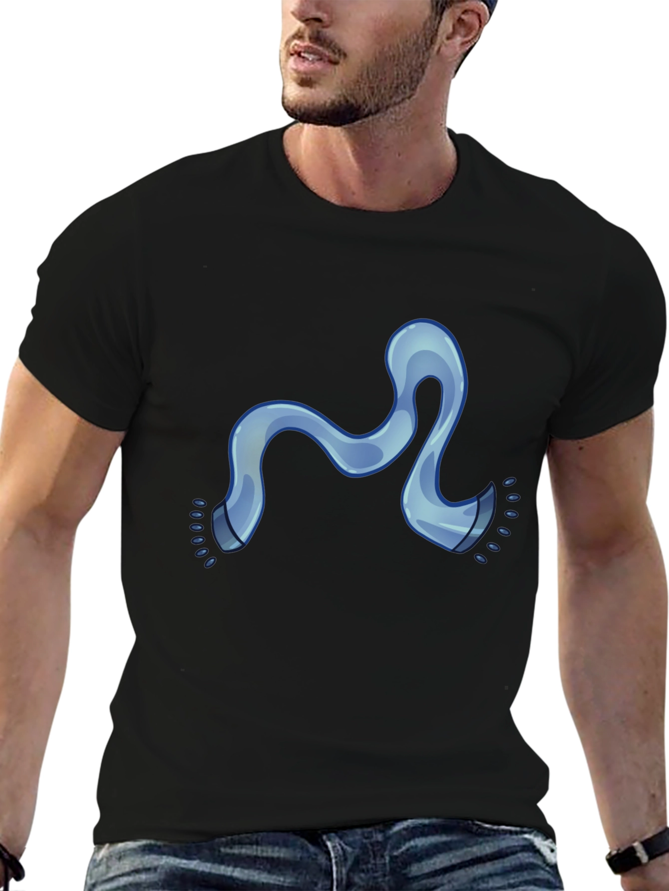 Modern Black Tee with Cartoon Blue Scarf Graphic
