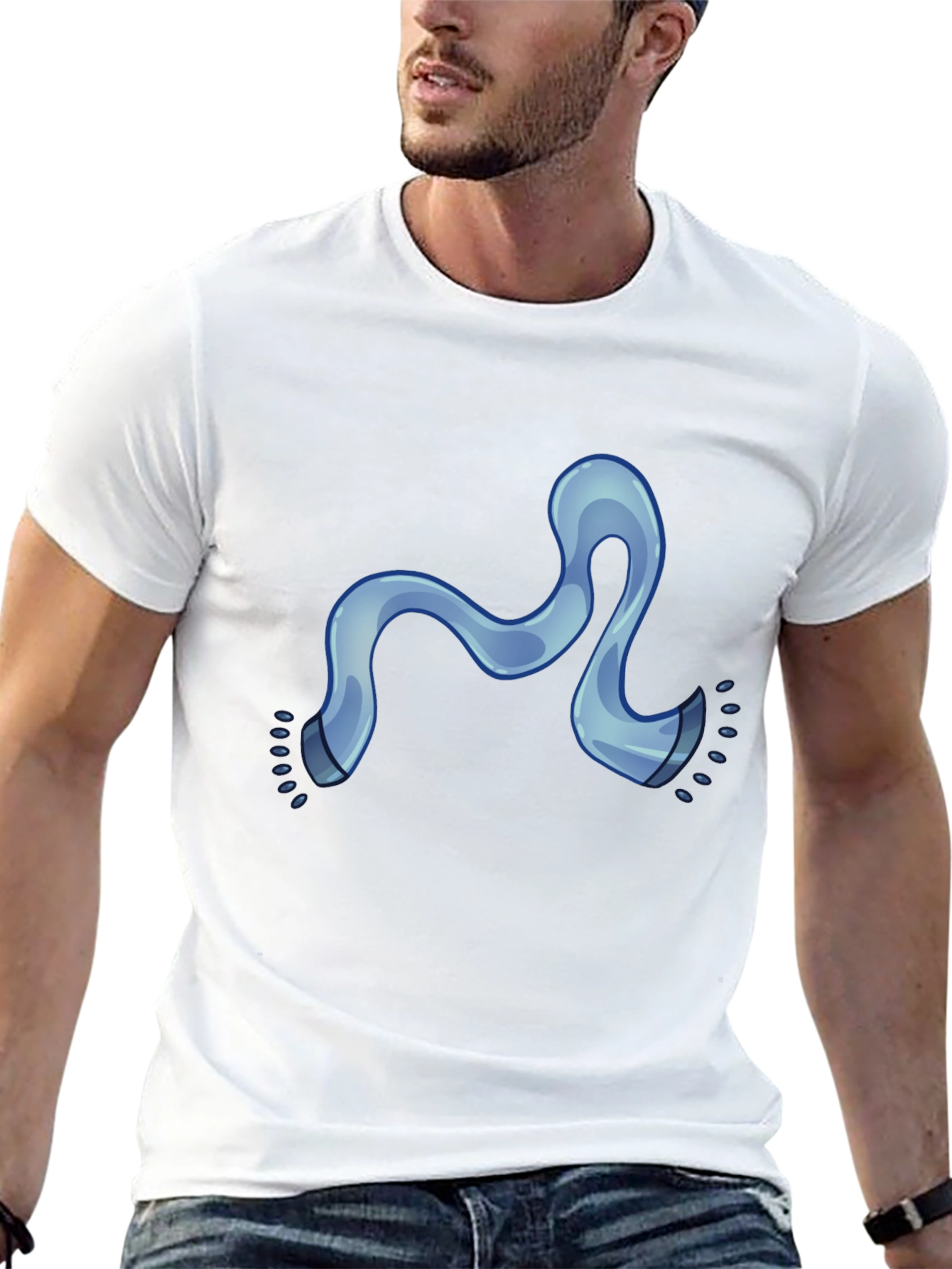 Modern Black Tee with Cartoon Blue Scarf Graphic