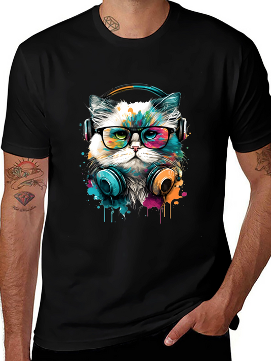 Cool Cat DJ Graphic Tee - Black Cotton Comfort