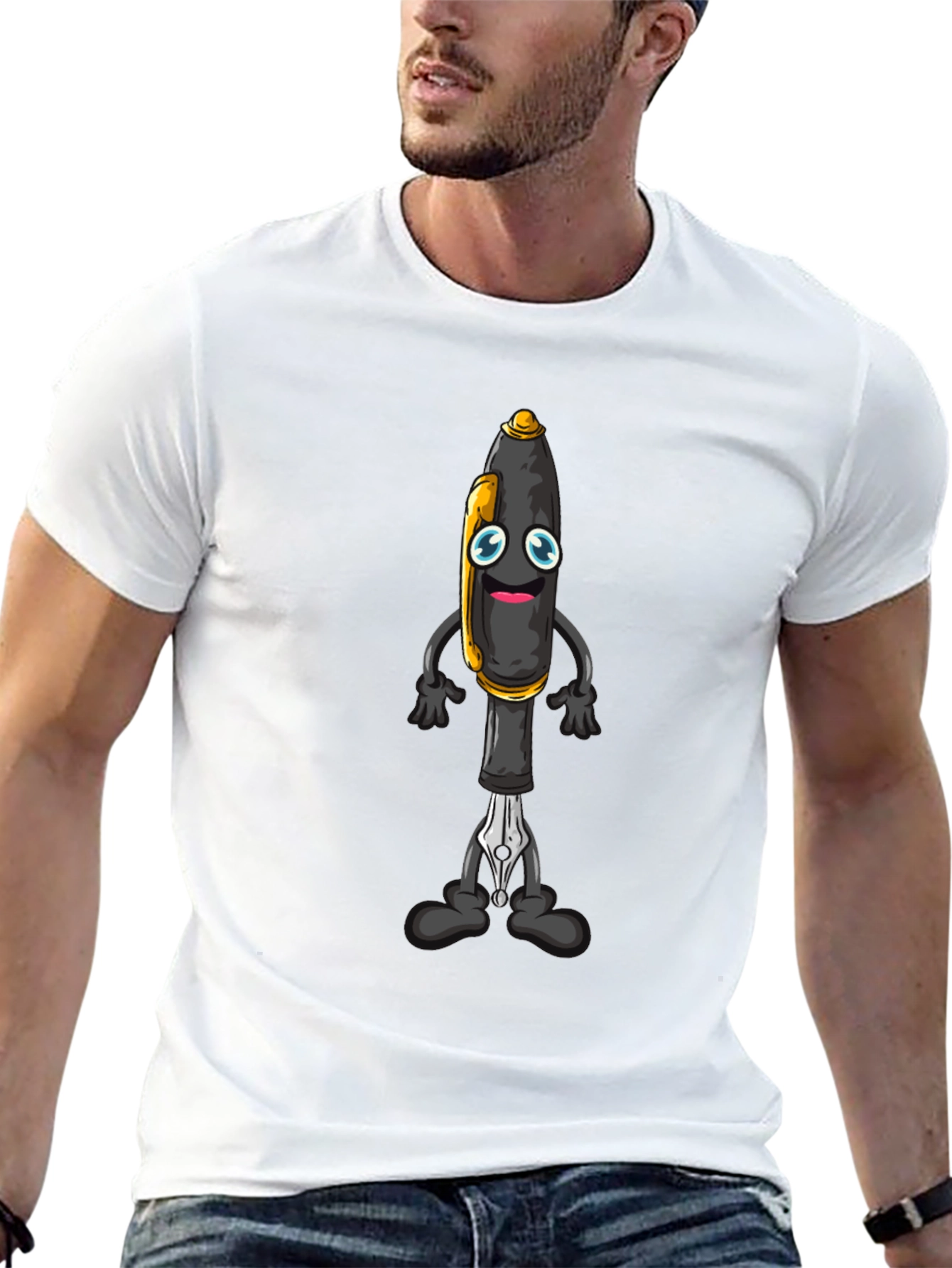 Cartoon Pen Graphic Tee - Black Cotton Blend T-Shirt