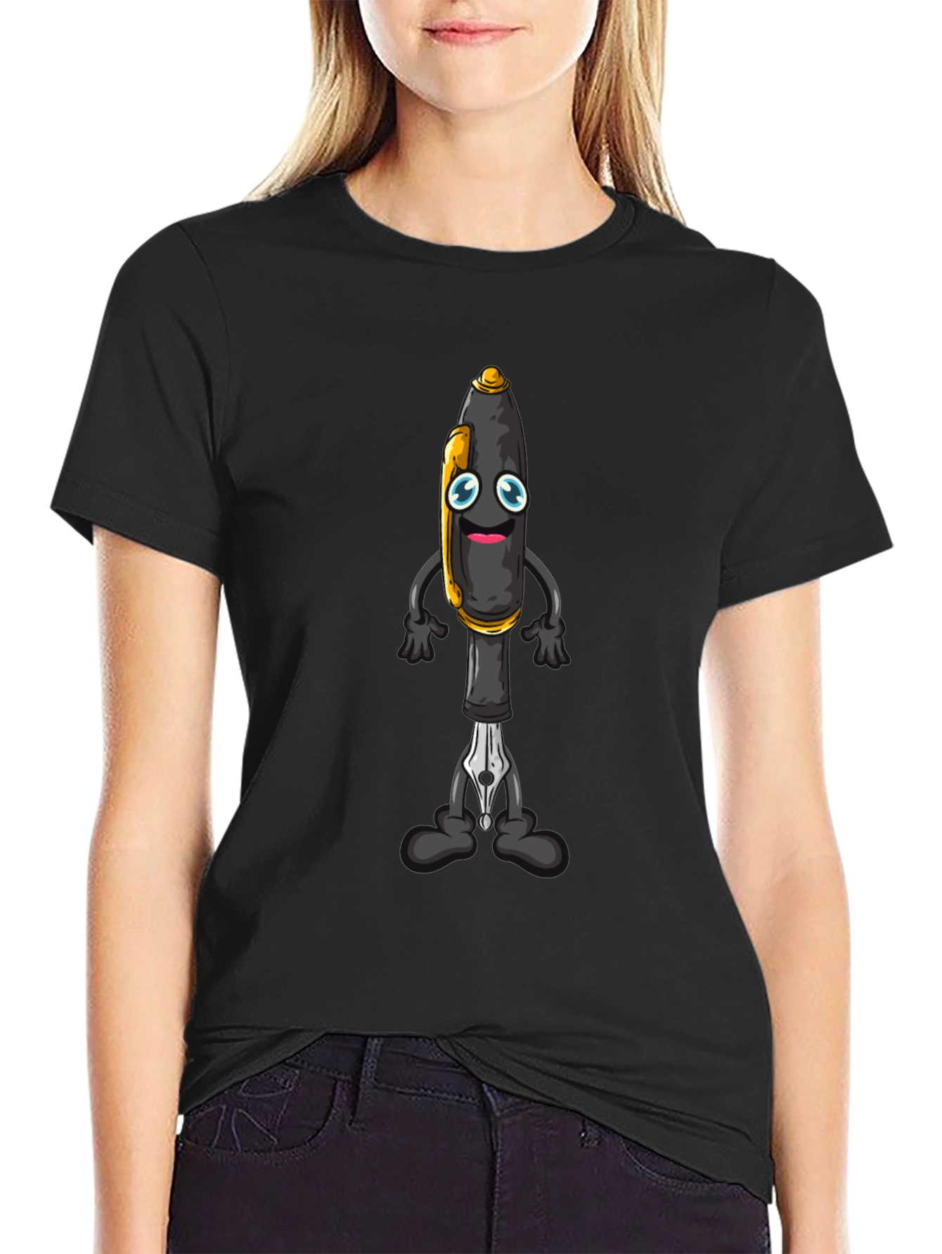 Cartoon Pen Graphic Tee - Black Cotton Blend T-Shirt