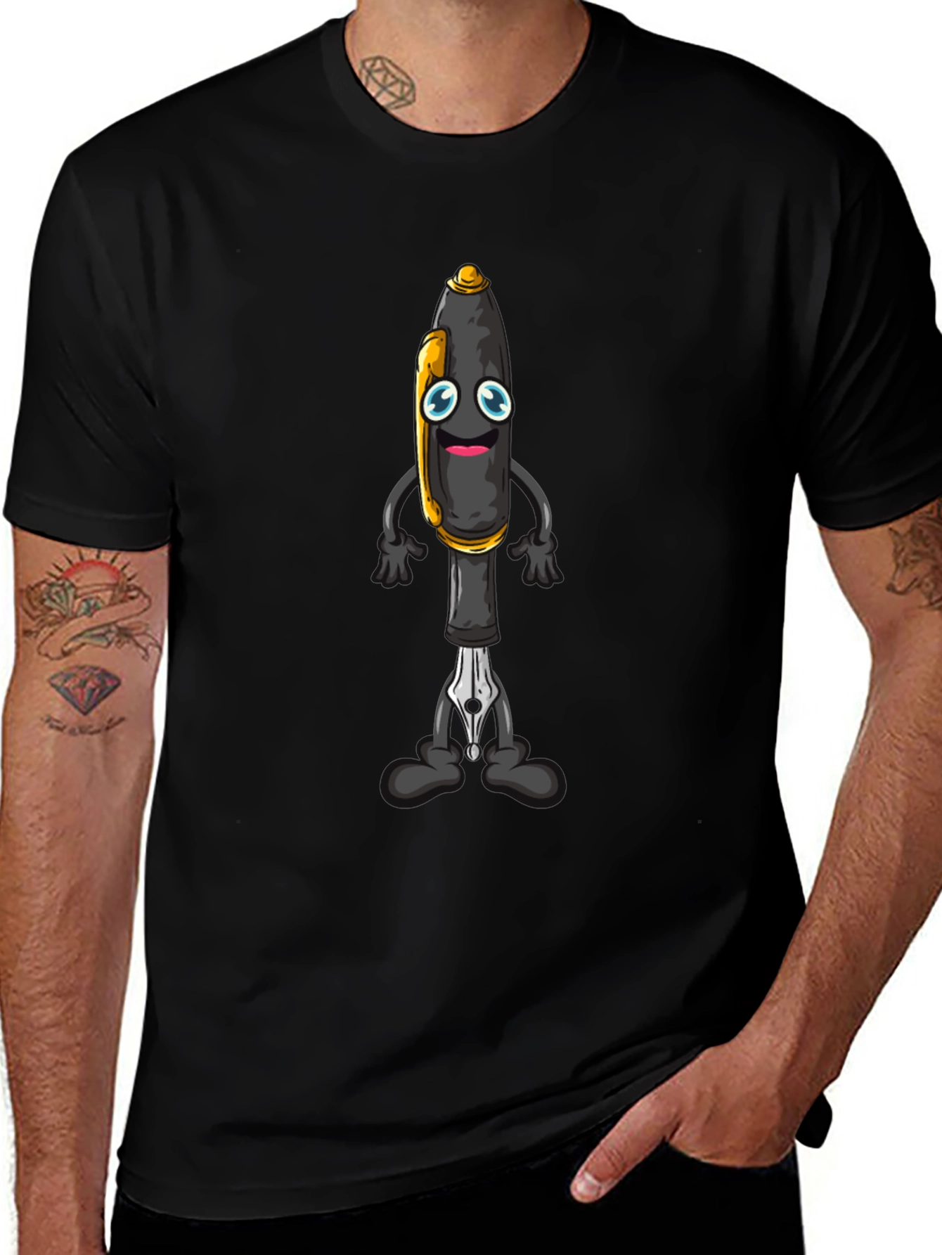 Cartoon Pen Graphic Tee - Black Cotton Blend T-Shirt