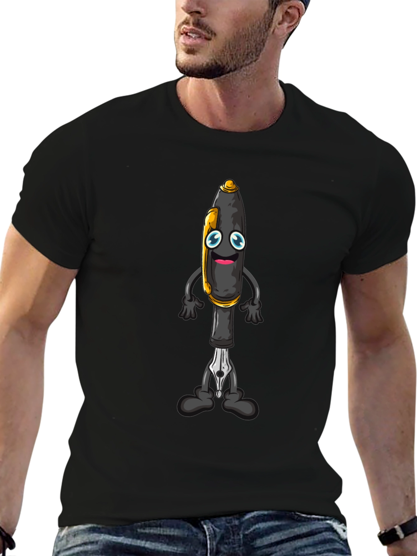 Cartoon Pen Graphic Tee - Black Cotton Blend T-Shirt