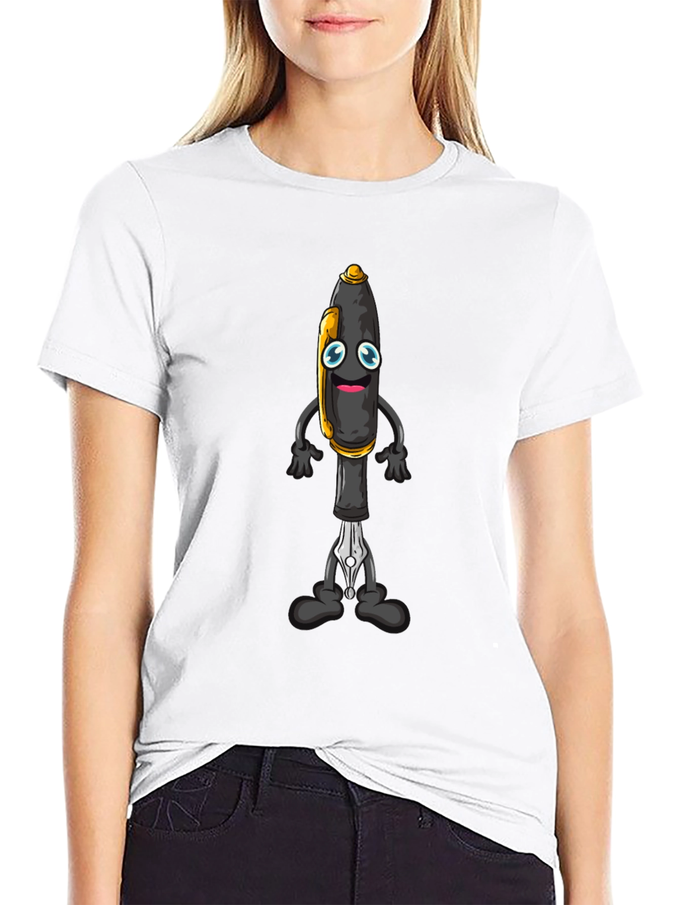 Cartoon Pen Graphic Tee - Black Cotton Blend T-Shirt