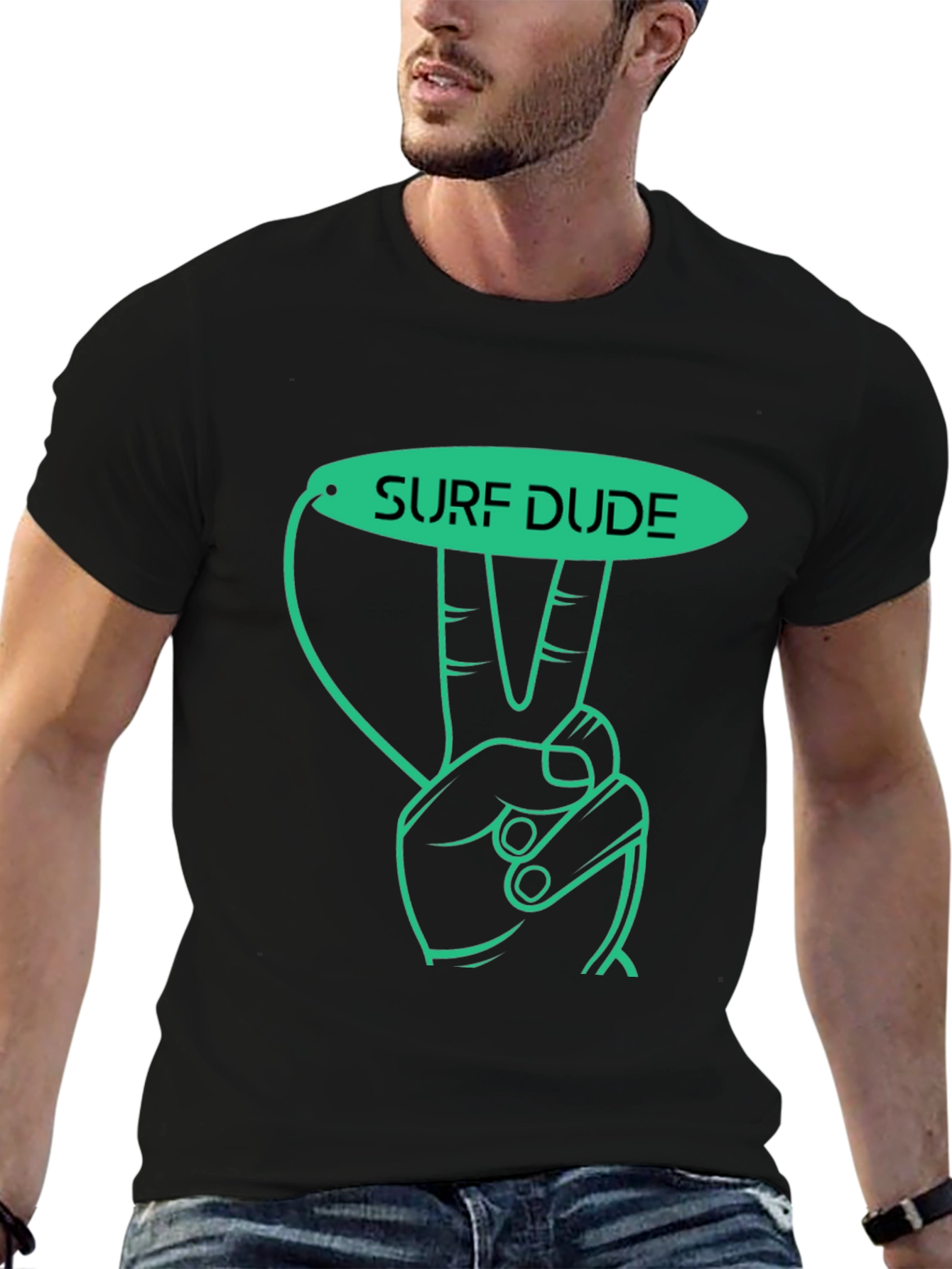 Surf Dude Graphic Tee - Black Cotton T-Shirt