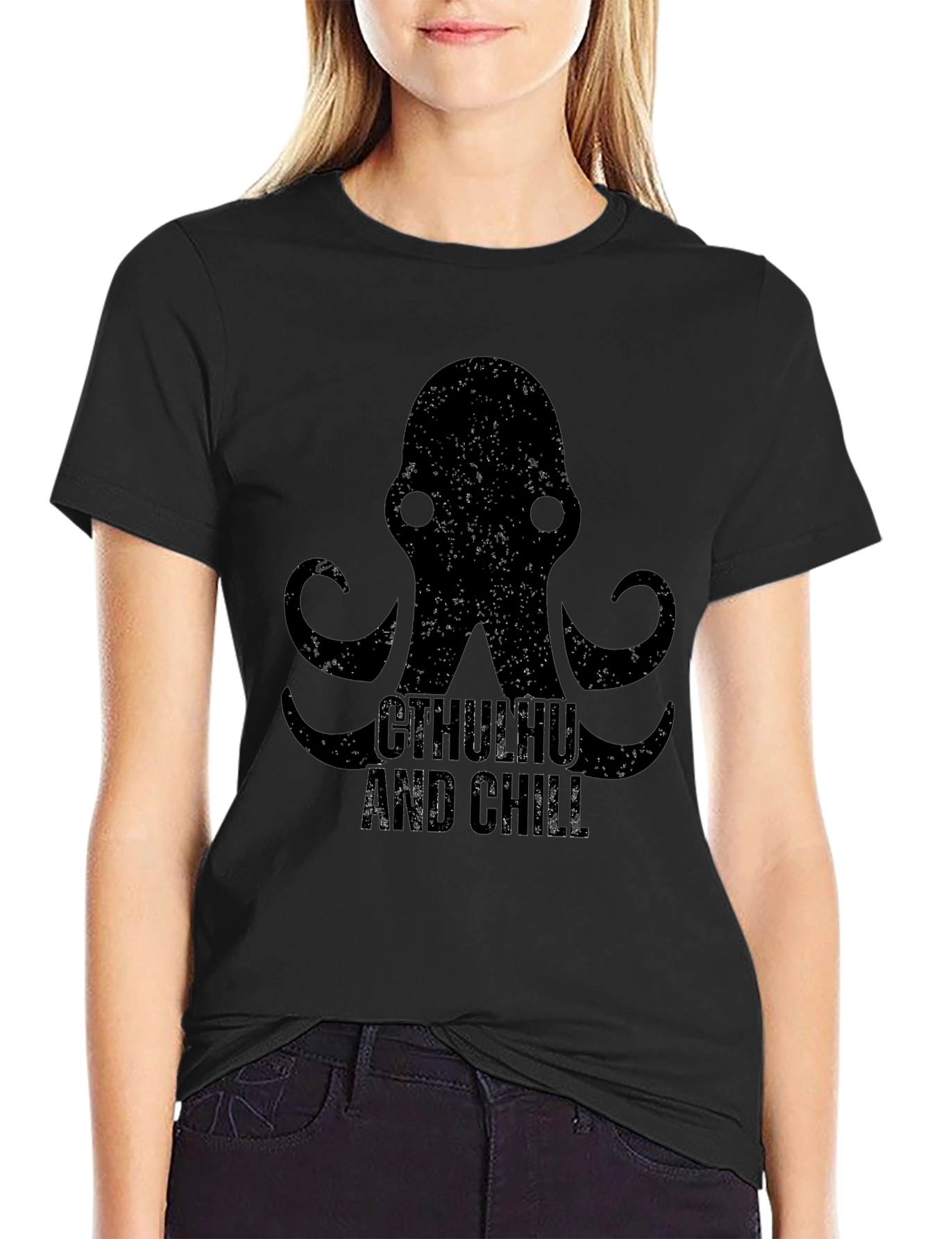 Cthulhu and Chill Graphic Print Black T-Shirt