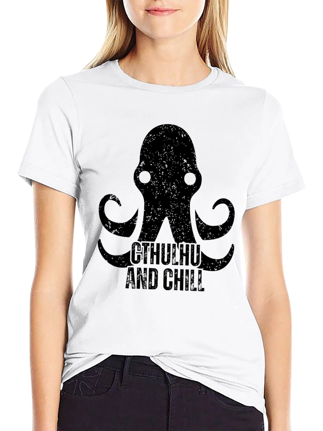 Cthulhu and Chill Graphic Print Black T-Shirt