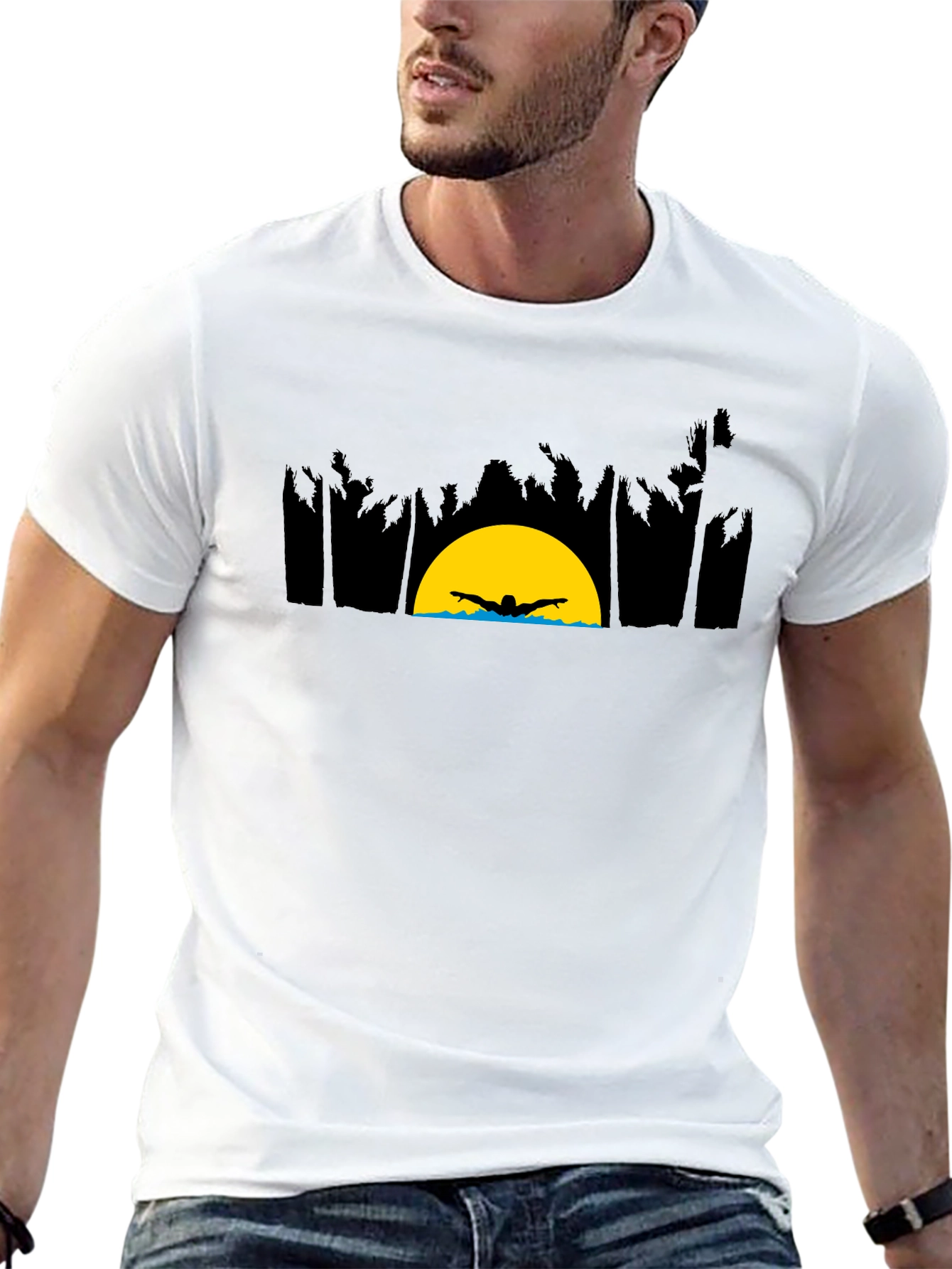 Sunset Swimmer Graphic Tee - Relaxed Fit Black T-Shirt