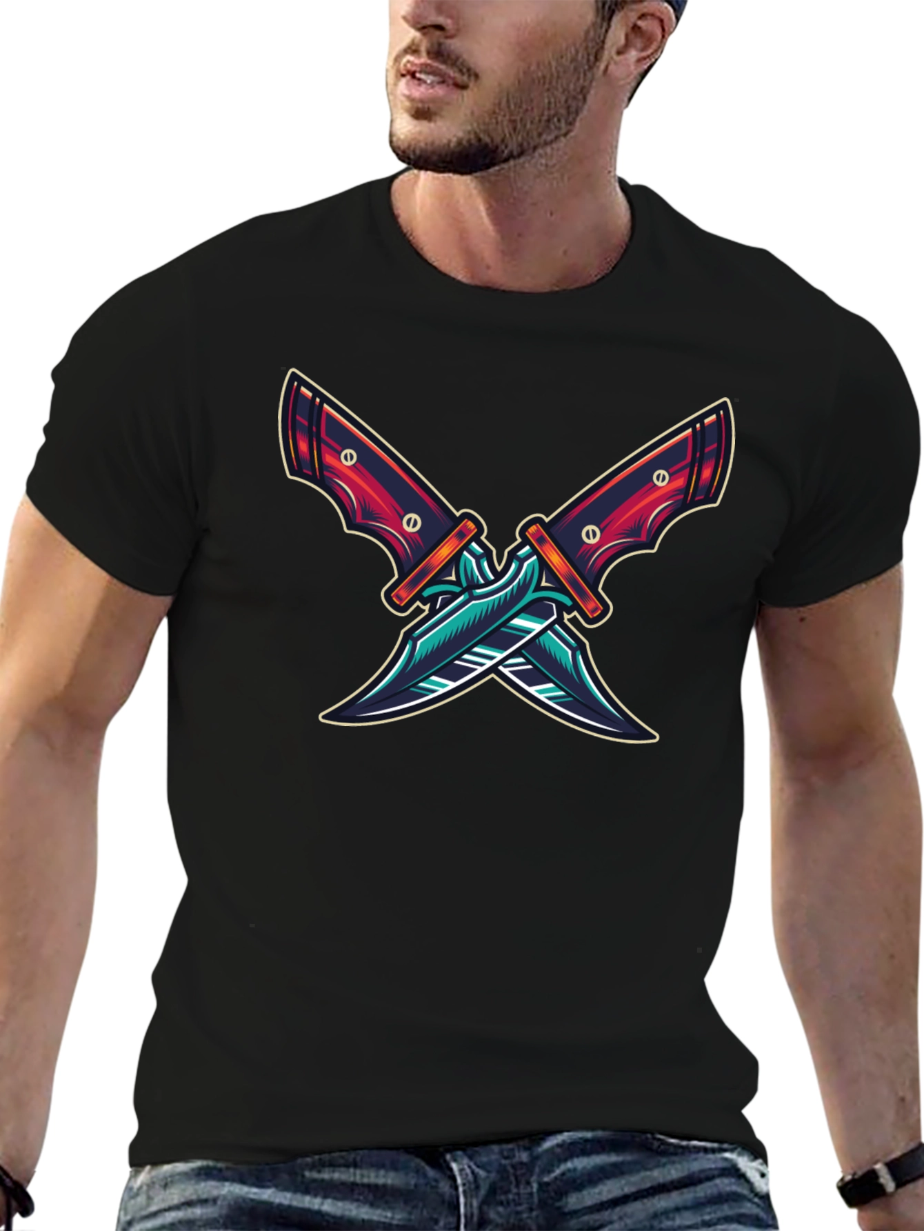 Crossed Blades Graphic T-Shirt - Edgy Design