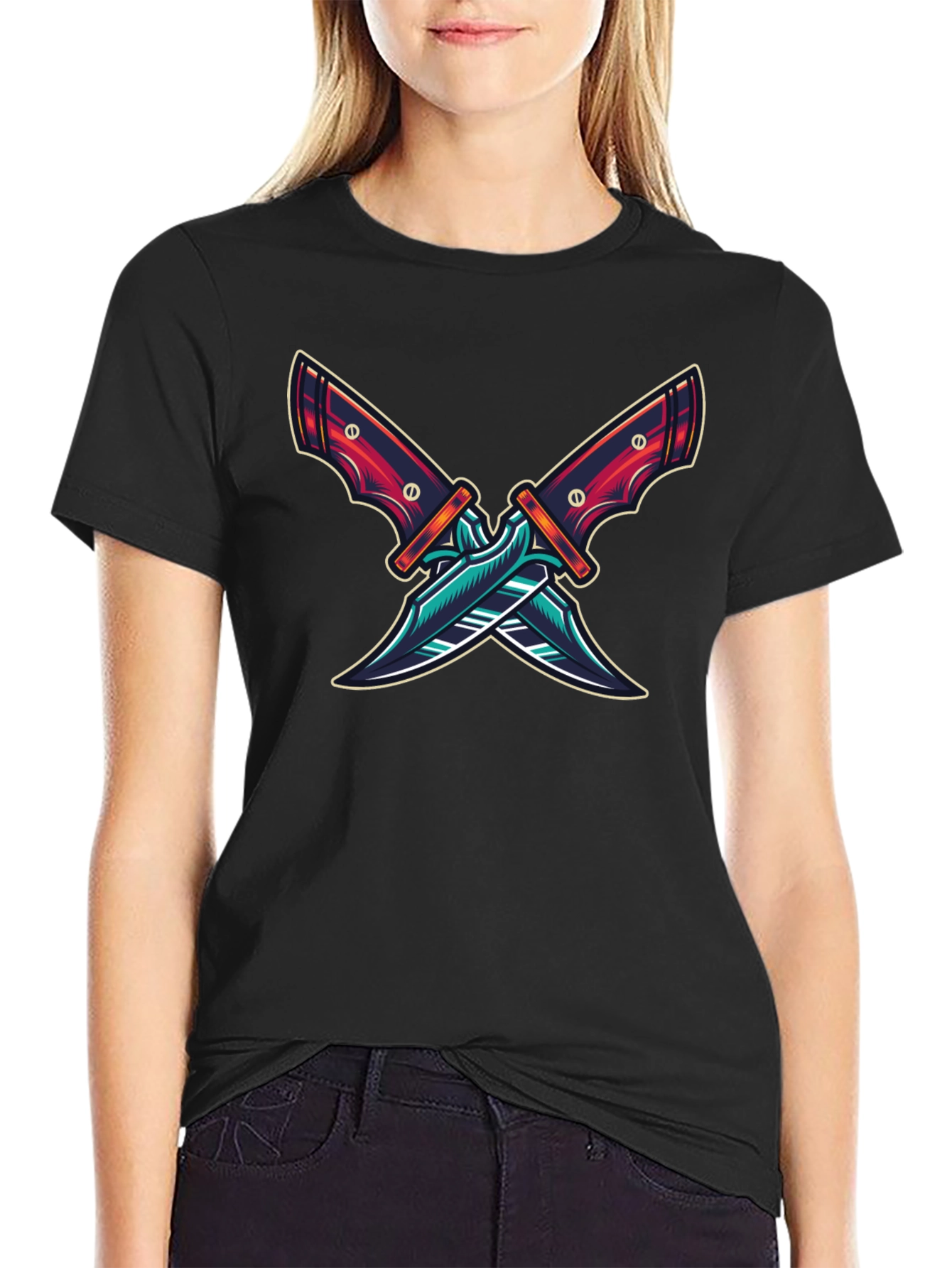 Crossed Blades Graphic T-Shirt - Edgy Design