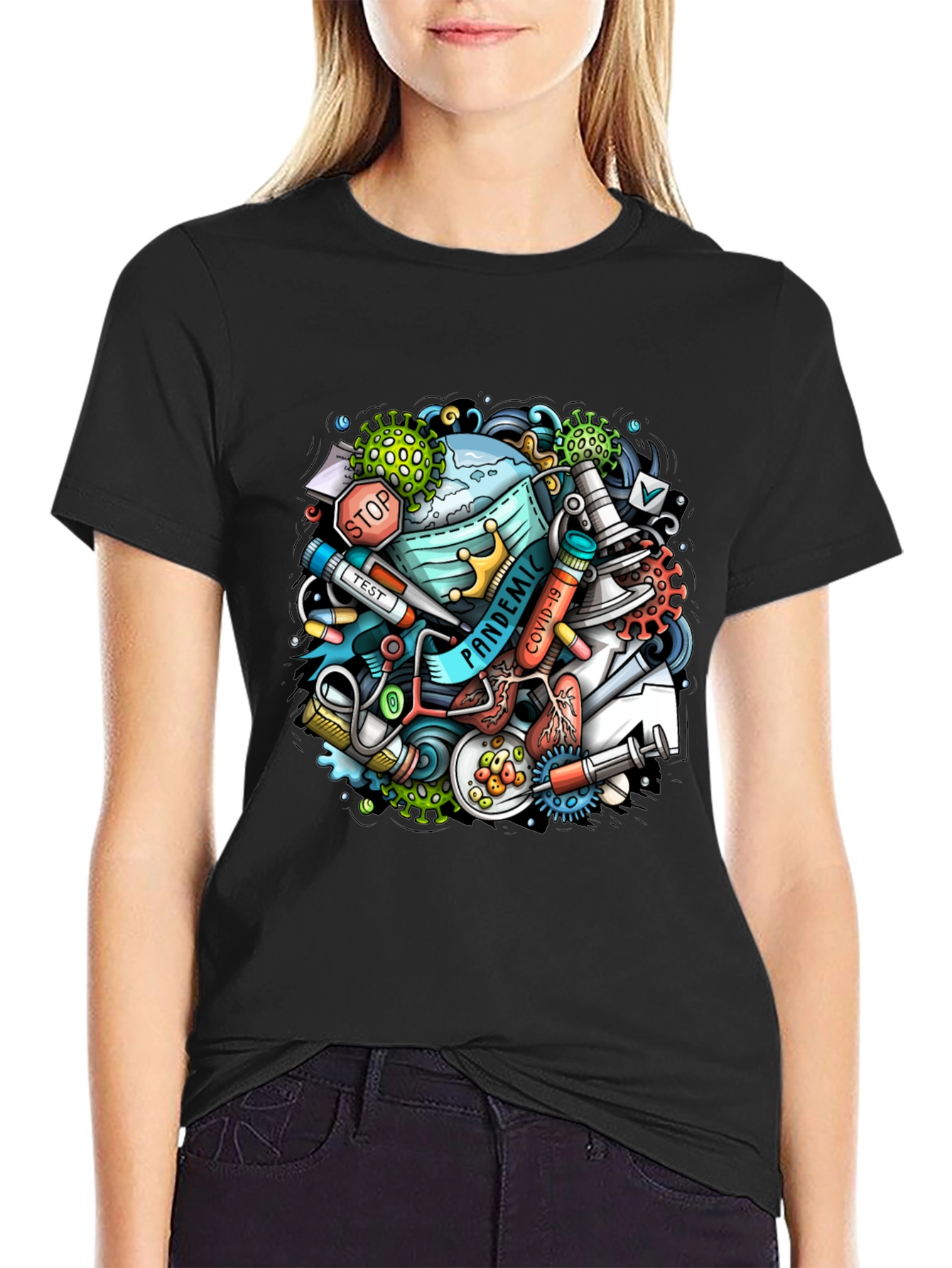 Pandemic Cartoon Graphic Black T-Shirt