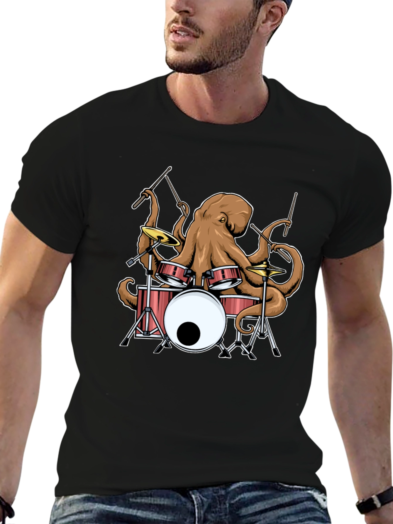 Octopus Drummer Black Graphic T-Shirt