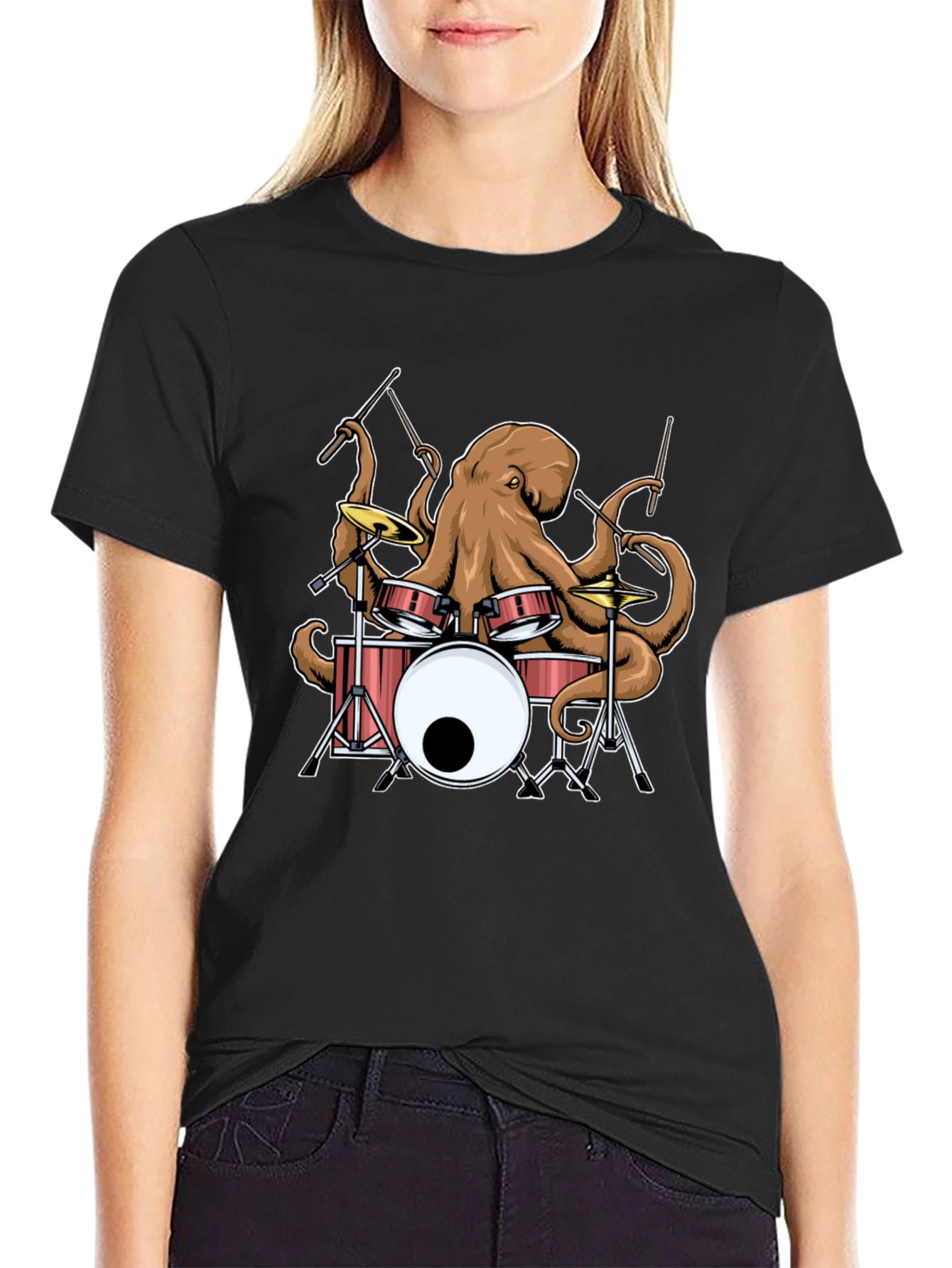 Octopus Drummer Black Graphic T-Shirt