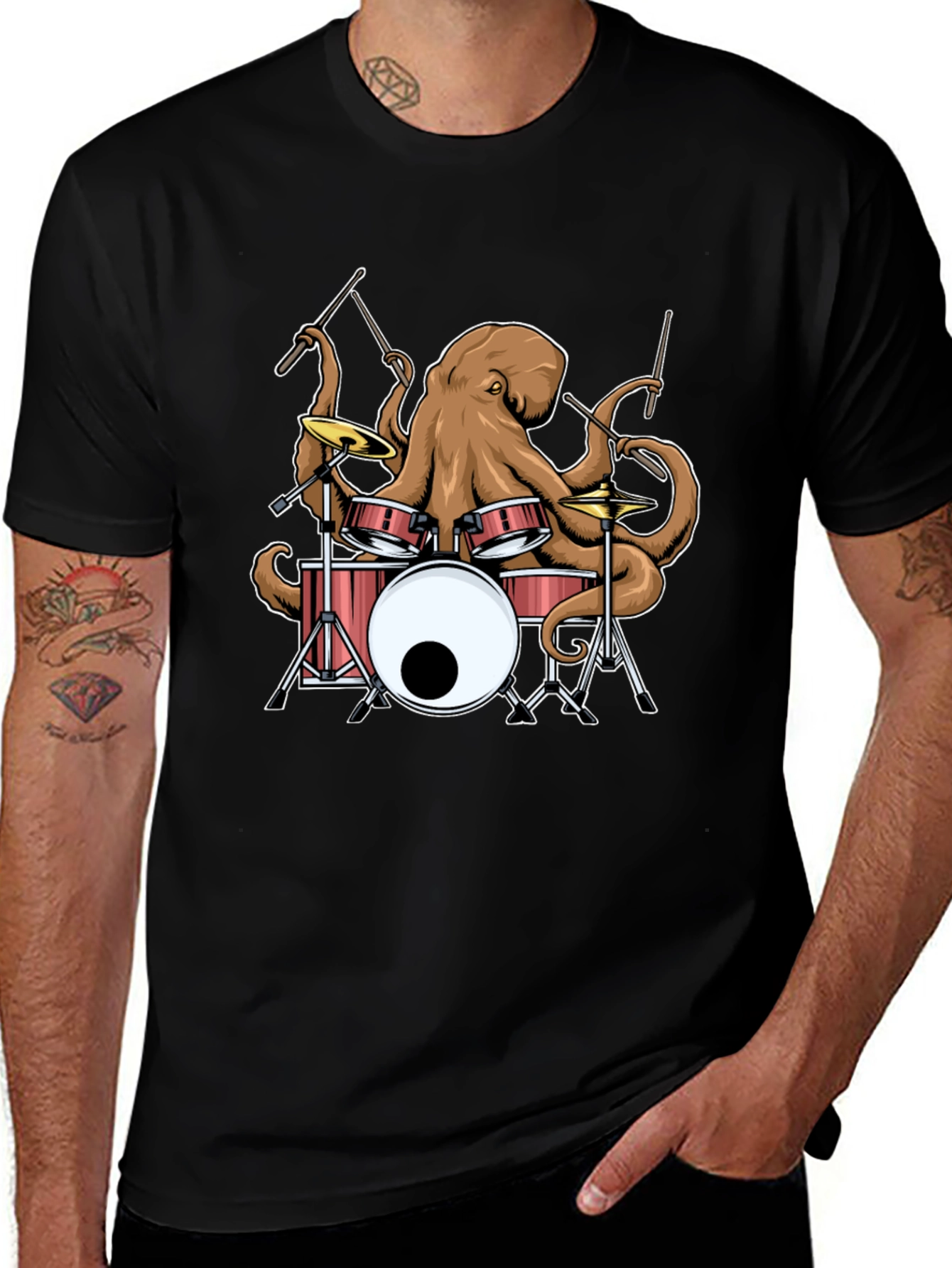 Octopus Drummer Black Graphic T-Shirt