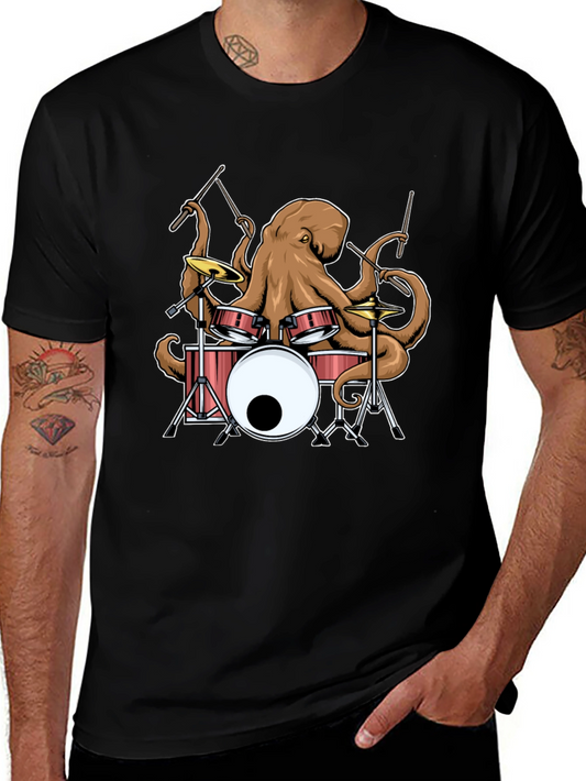 Octopus Drummer Black Graphic T-Shirt